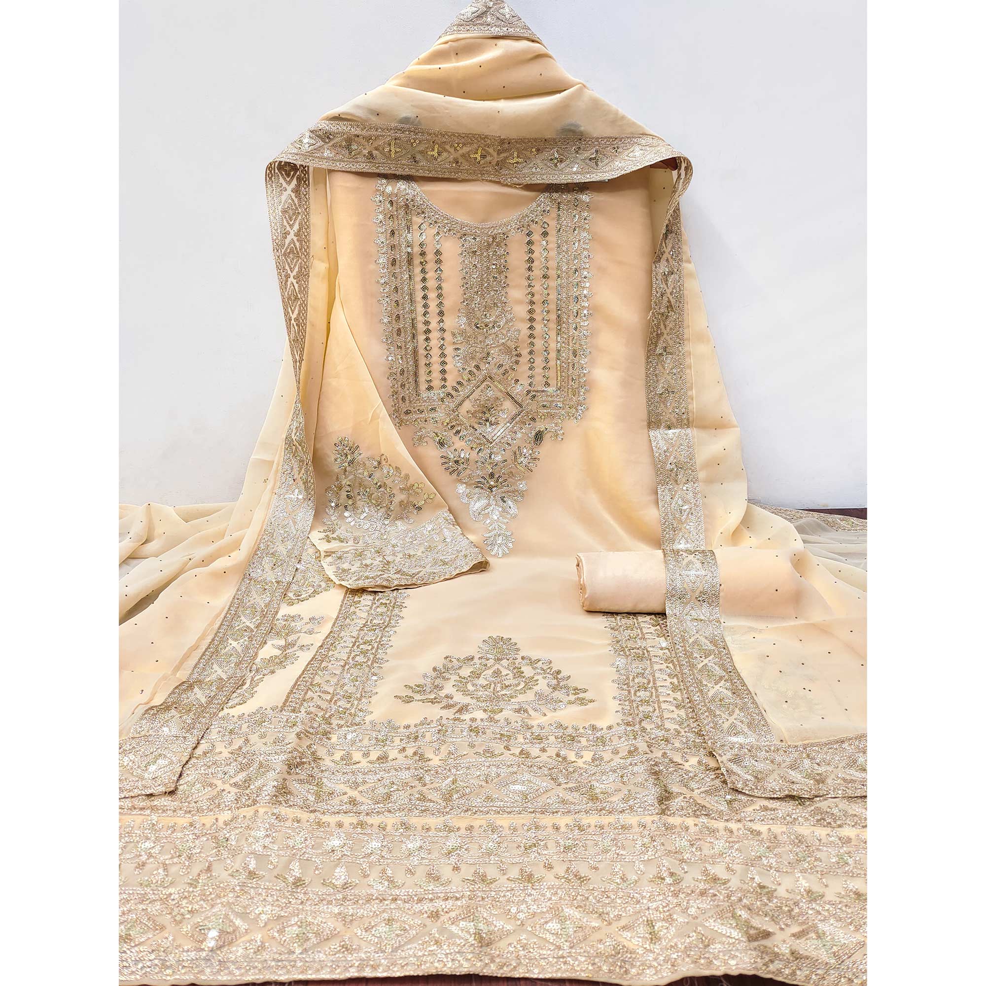 Peachmode Chikoo Floral Sequins Embroidered Georgette Dress Material - view 4