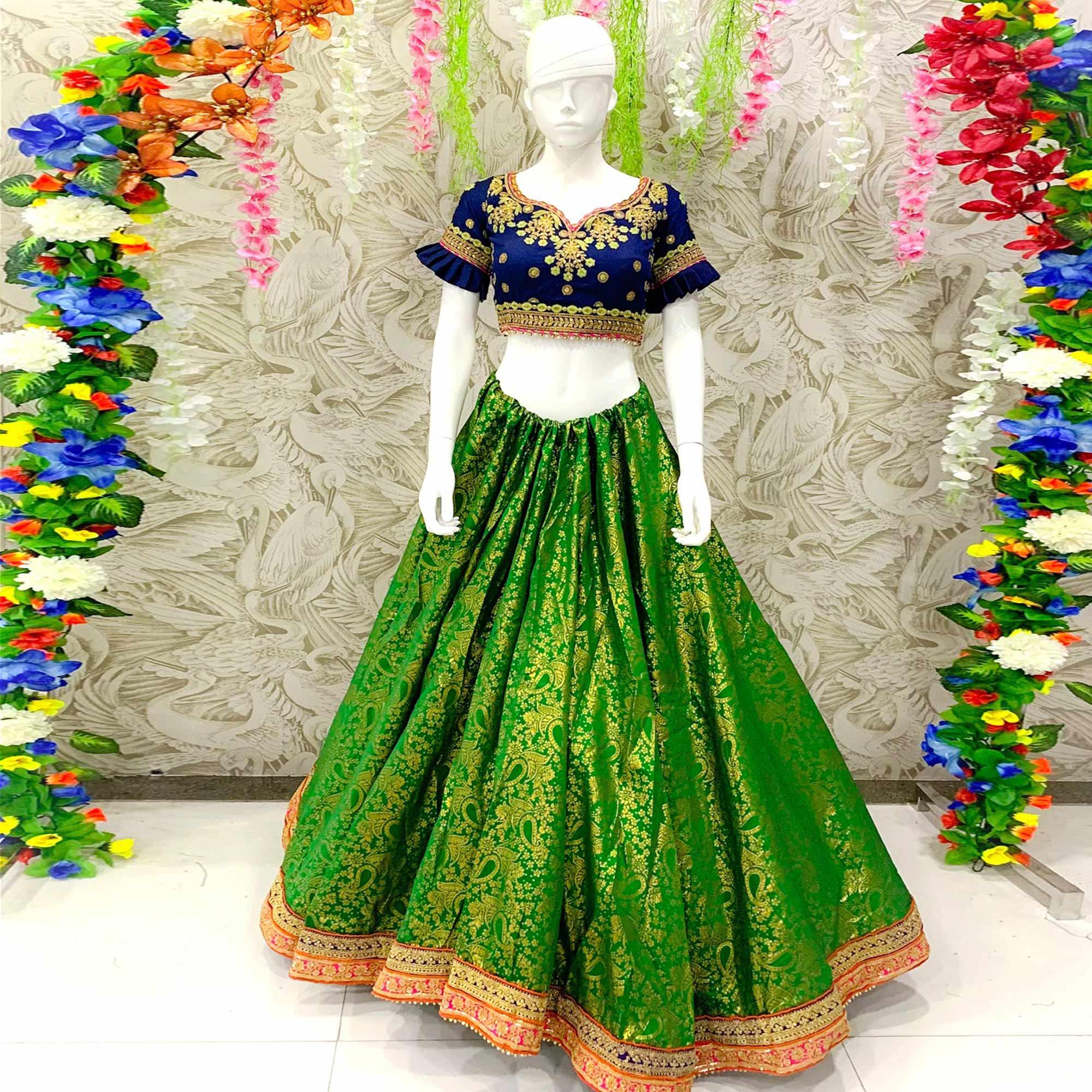 Peachmode Energetic Green Colored Designer Wedding Wear Woven Banarasi Silk Lehenga Choli - view 2