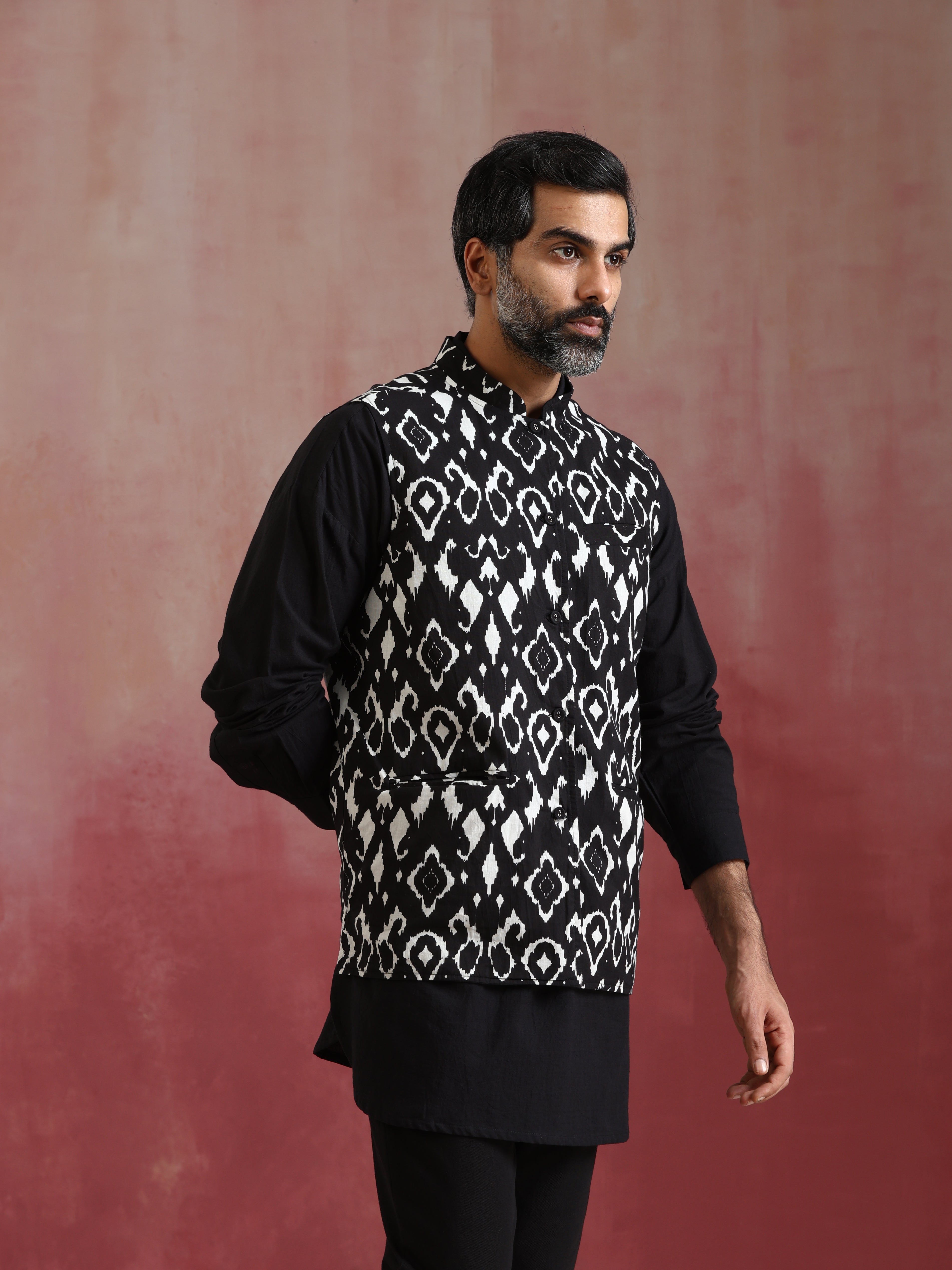 trueBrowns Men's Black Ikat Reversible Nehru Jacket - view 4