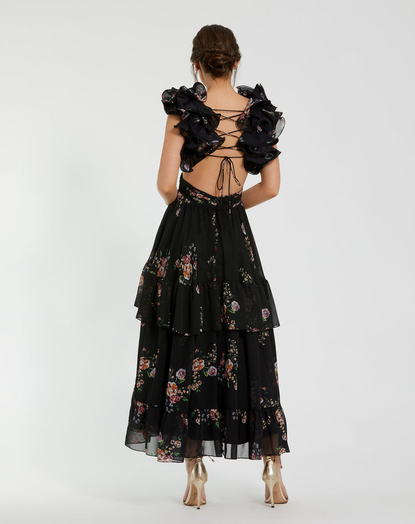 Mac Duggal 56054 A Line Floral Print Long Formal Prom Dress - view 2