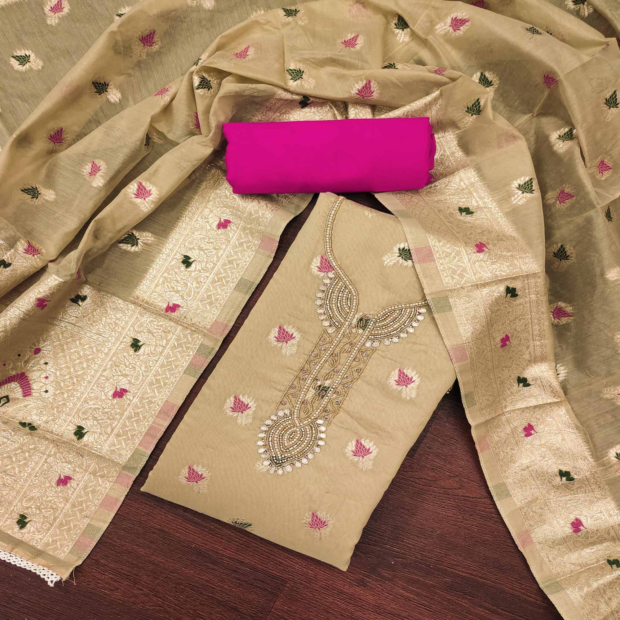 Peachmode Chikoo Woven With Handwork Muslin Dress Material - view 3