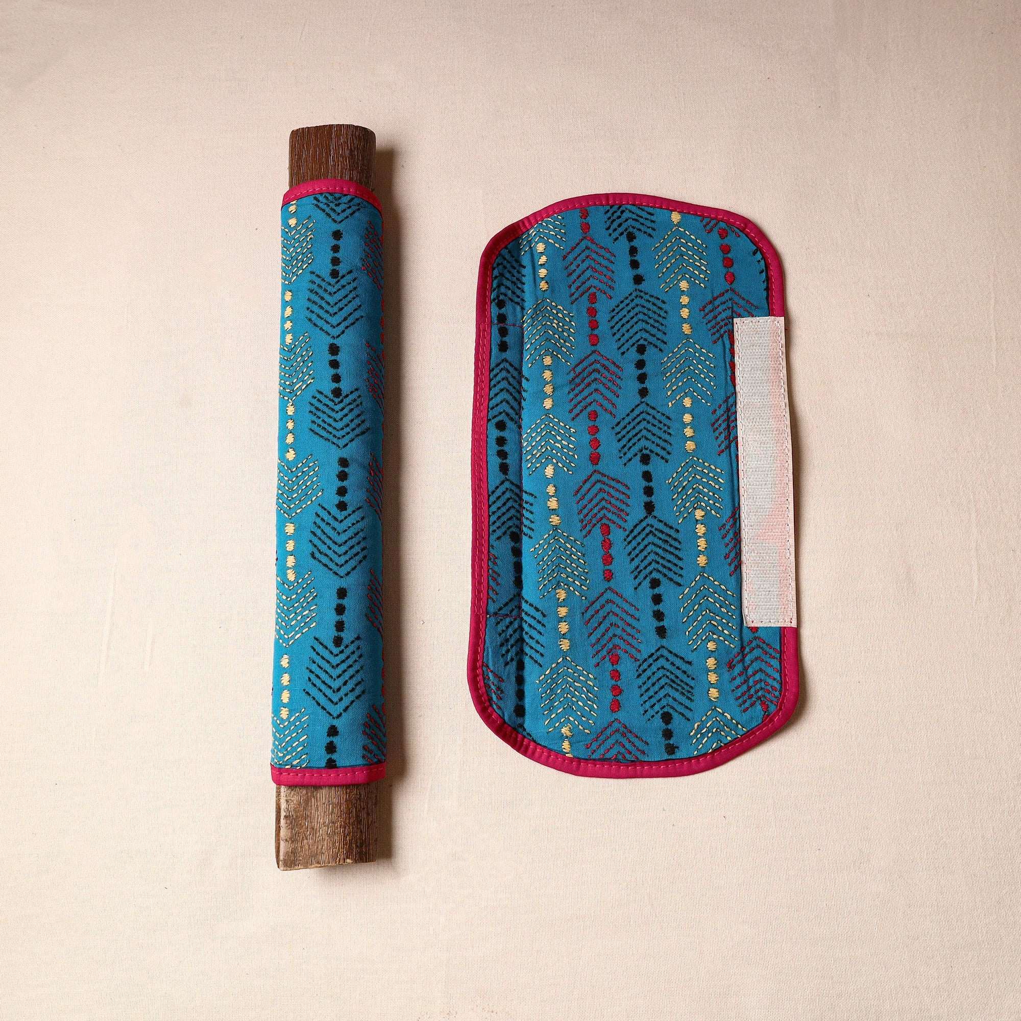 ASALKAAR Blue - Bengal Kantha Work Handmade Fridge Handle Cover (Set of 2) 01