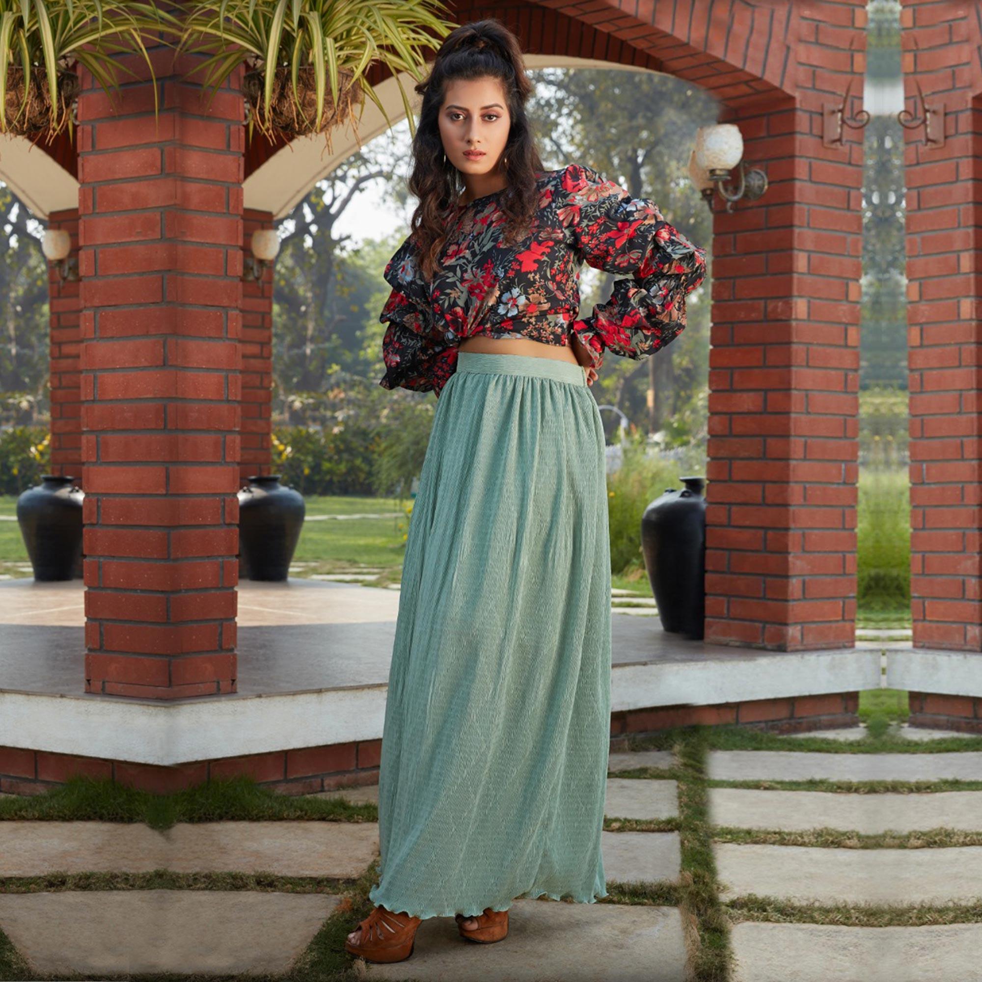 Peachmode Seller Glorious Black-Pista Green Colored Casual Wear Printed Western Crop Top - Skirt Set