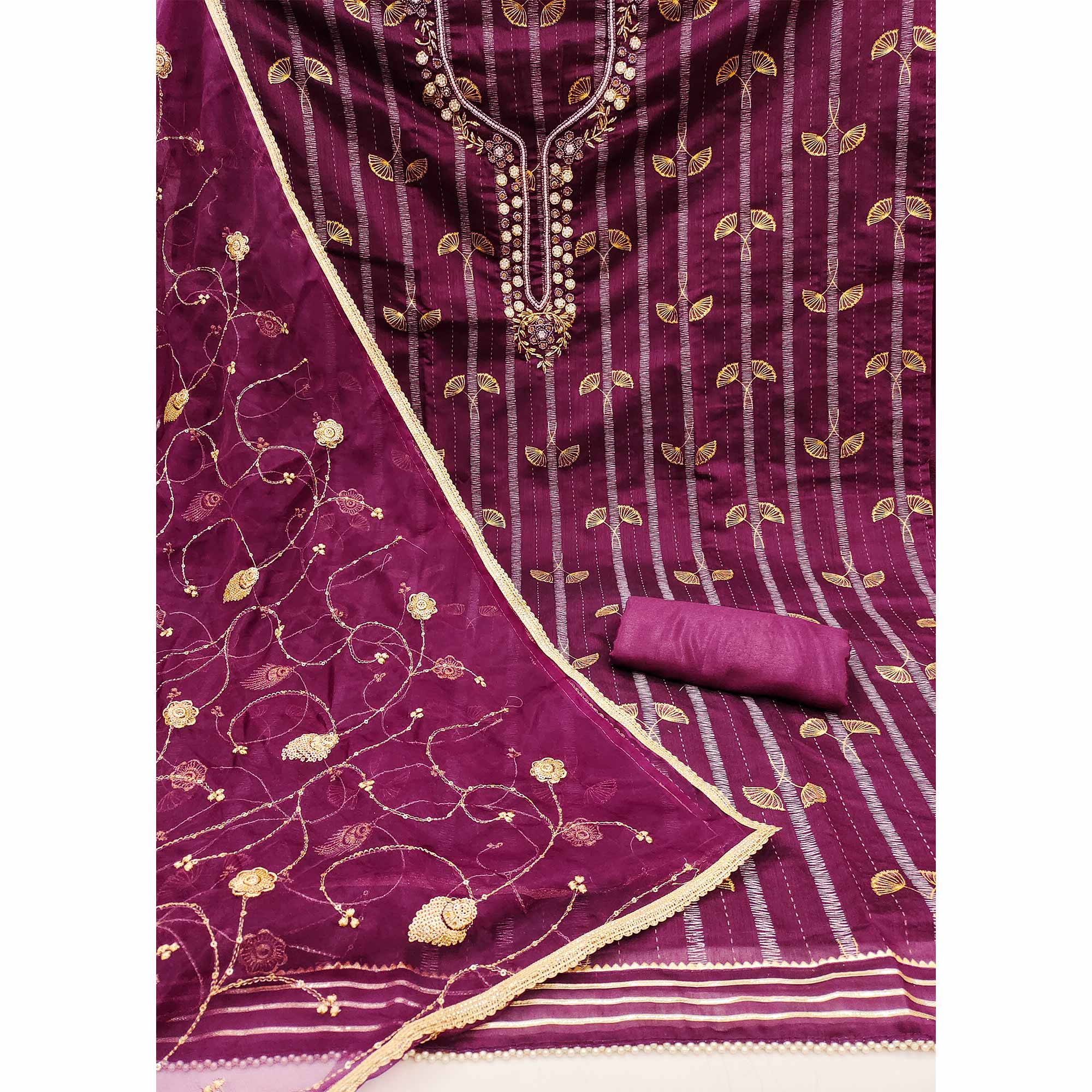 Peachmode Purple Floral Foil Printed With Handwork Chanderi Dress Material - view 3