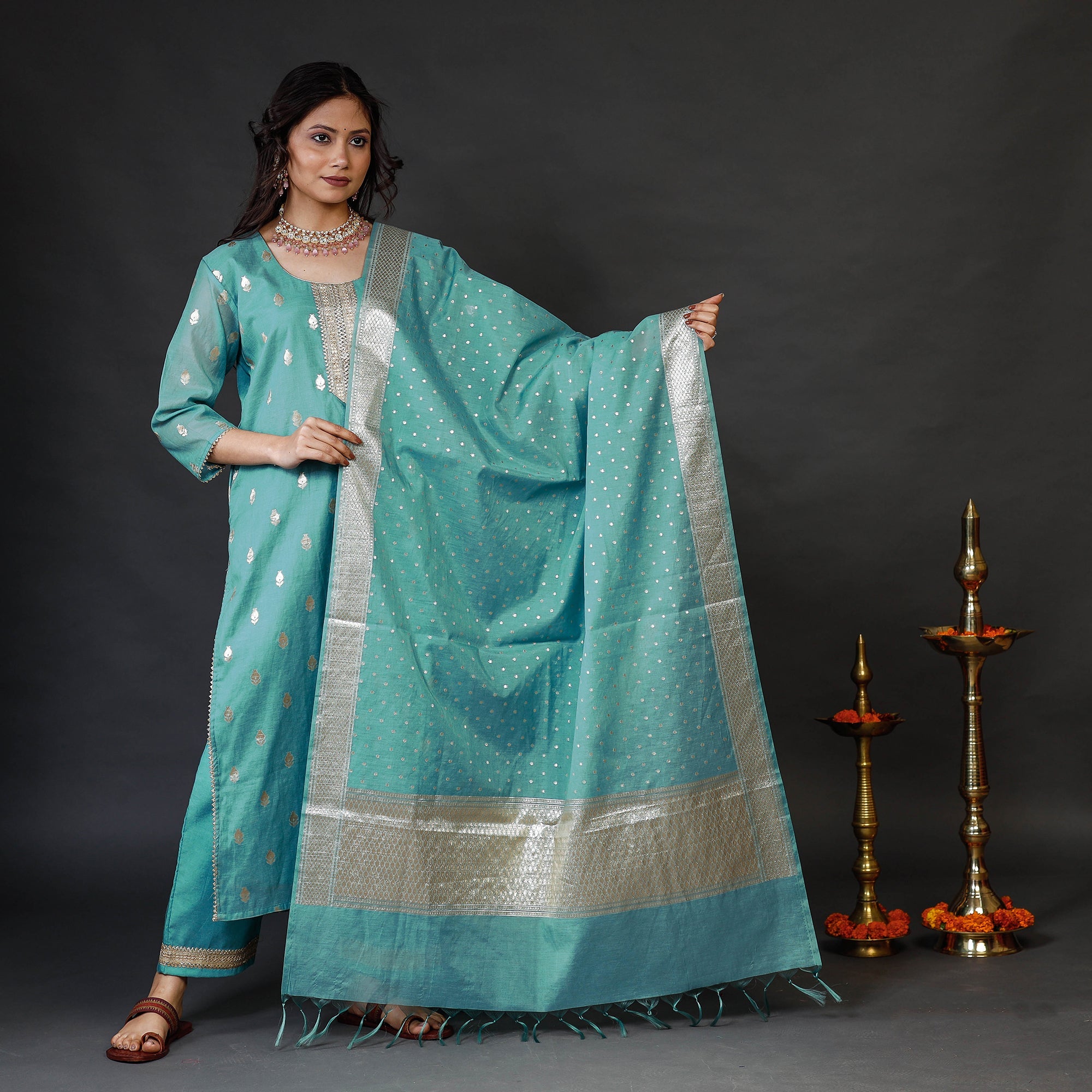 ITOKRI CASUALS Aqua Green Banarasi Silk Zari Work Kurta with Palazzo & Dupatta Set