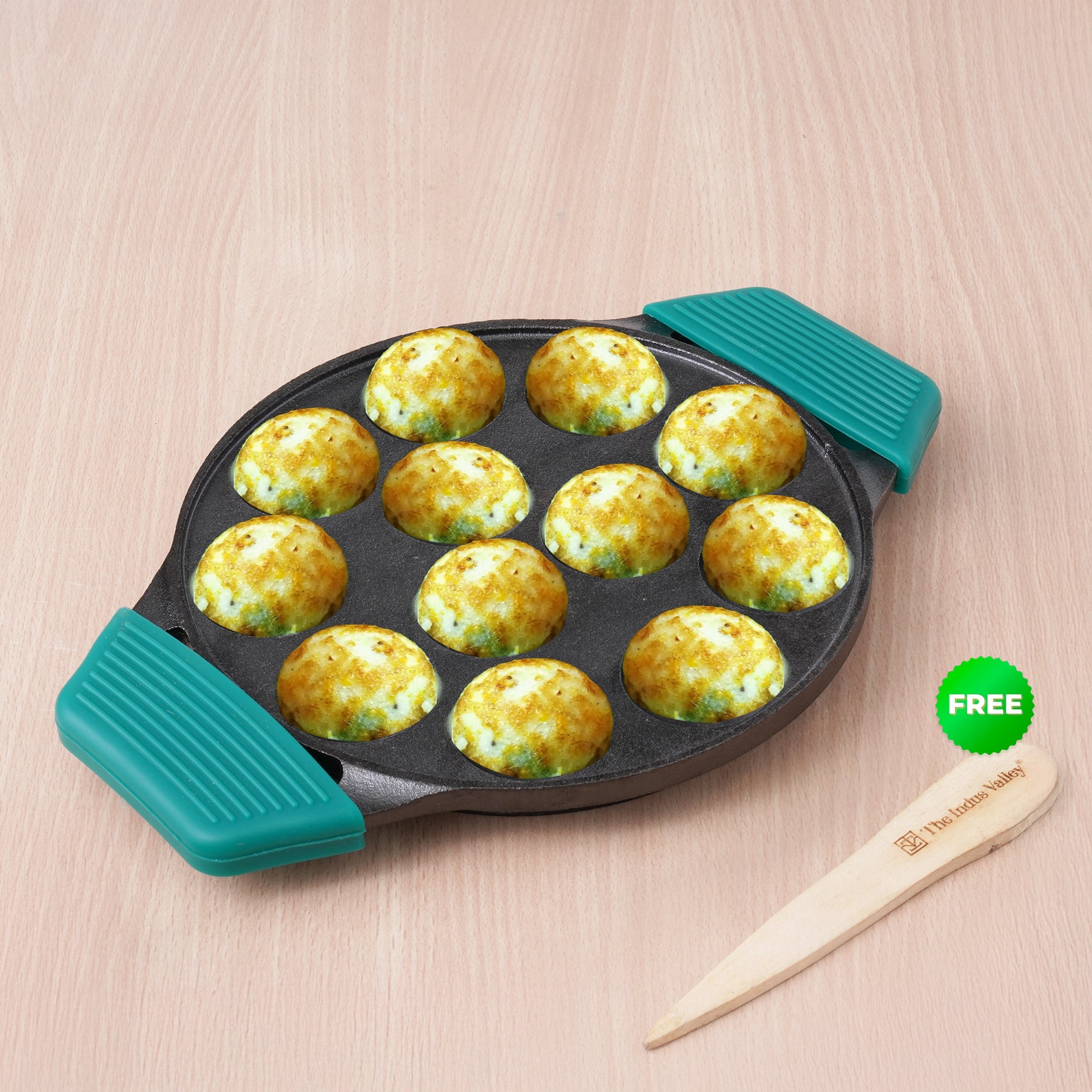 The Indus Valley 12 Pit/Cup CASTrong Cast Iron Paniyaram/Appe Pan, Pre-seasoned, Toxin-free, Free Cool Silicone Grip + Spatula, 21 cm, 2.2 kg