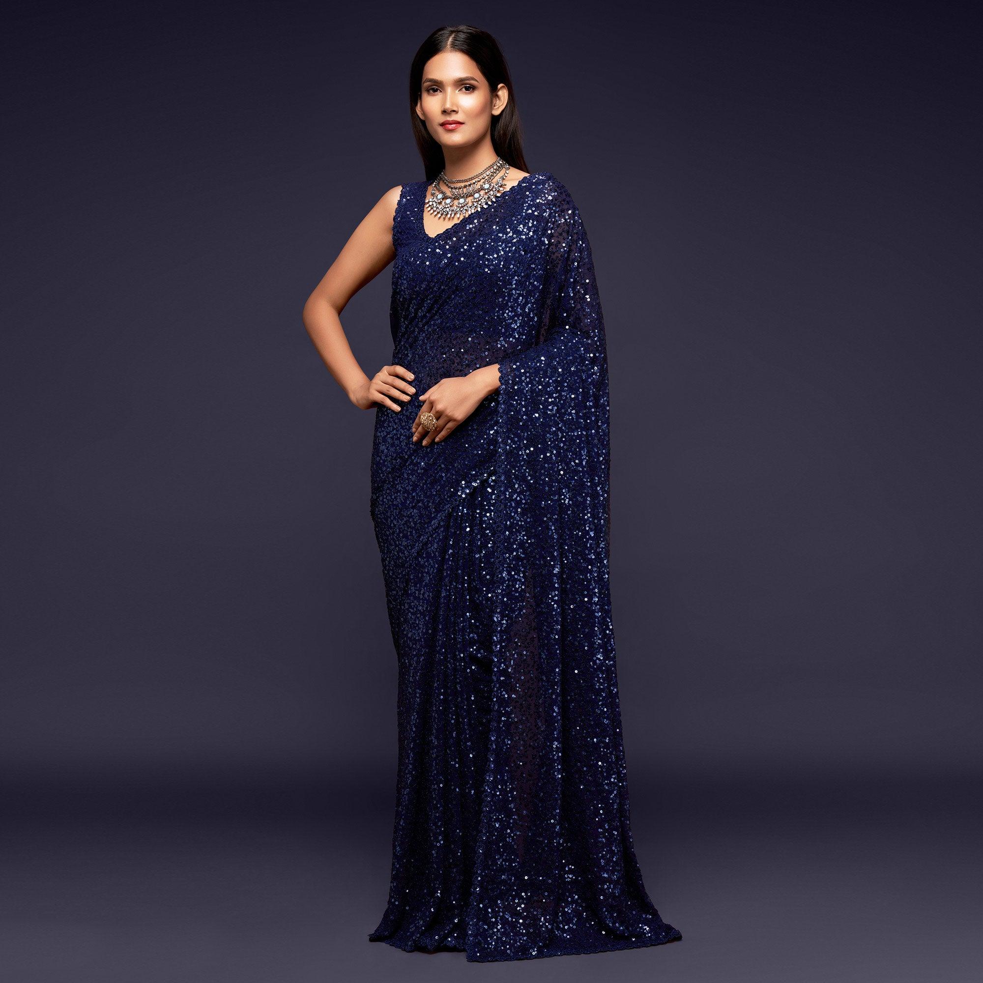 Peachmode Blush Blue Partywear Thread & Sequins Embroidered Georgette Saree