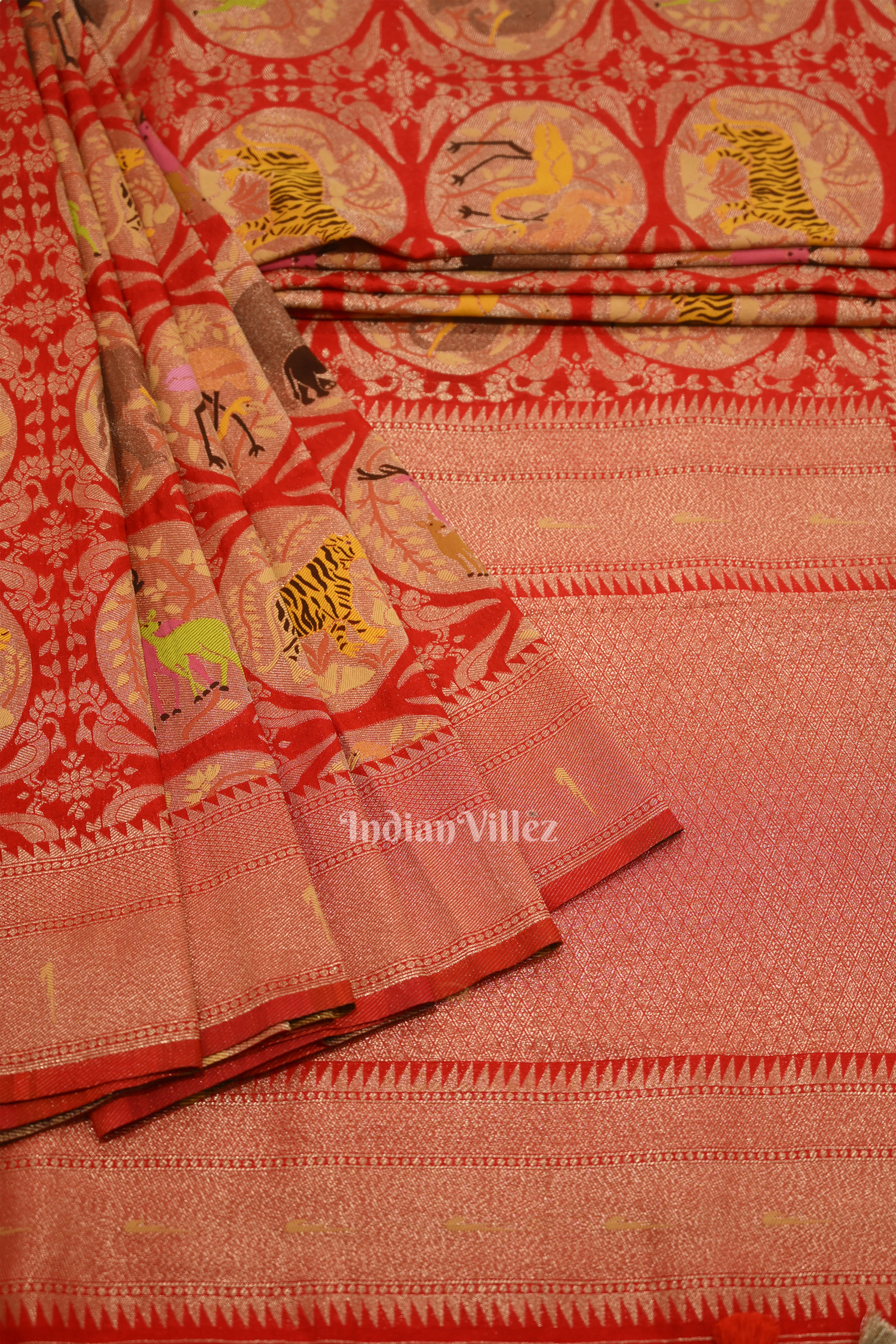IndianVillèz Red Shikargah Theme Khaddi Georgette Banarasi Saree