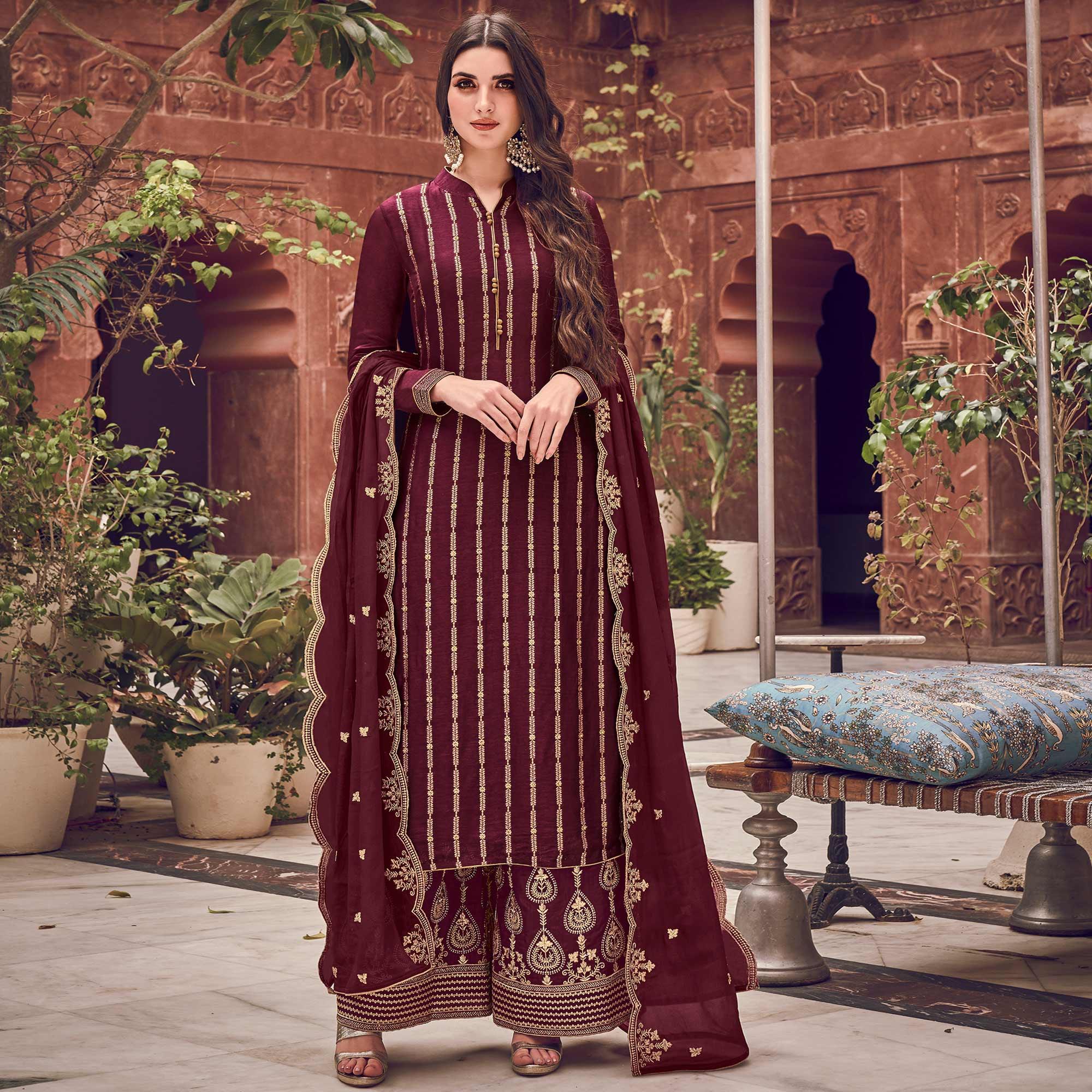 Peachmode Maroon Floral Embroidered Pure Dola Jacquard Partywear Suit