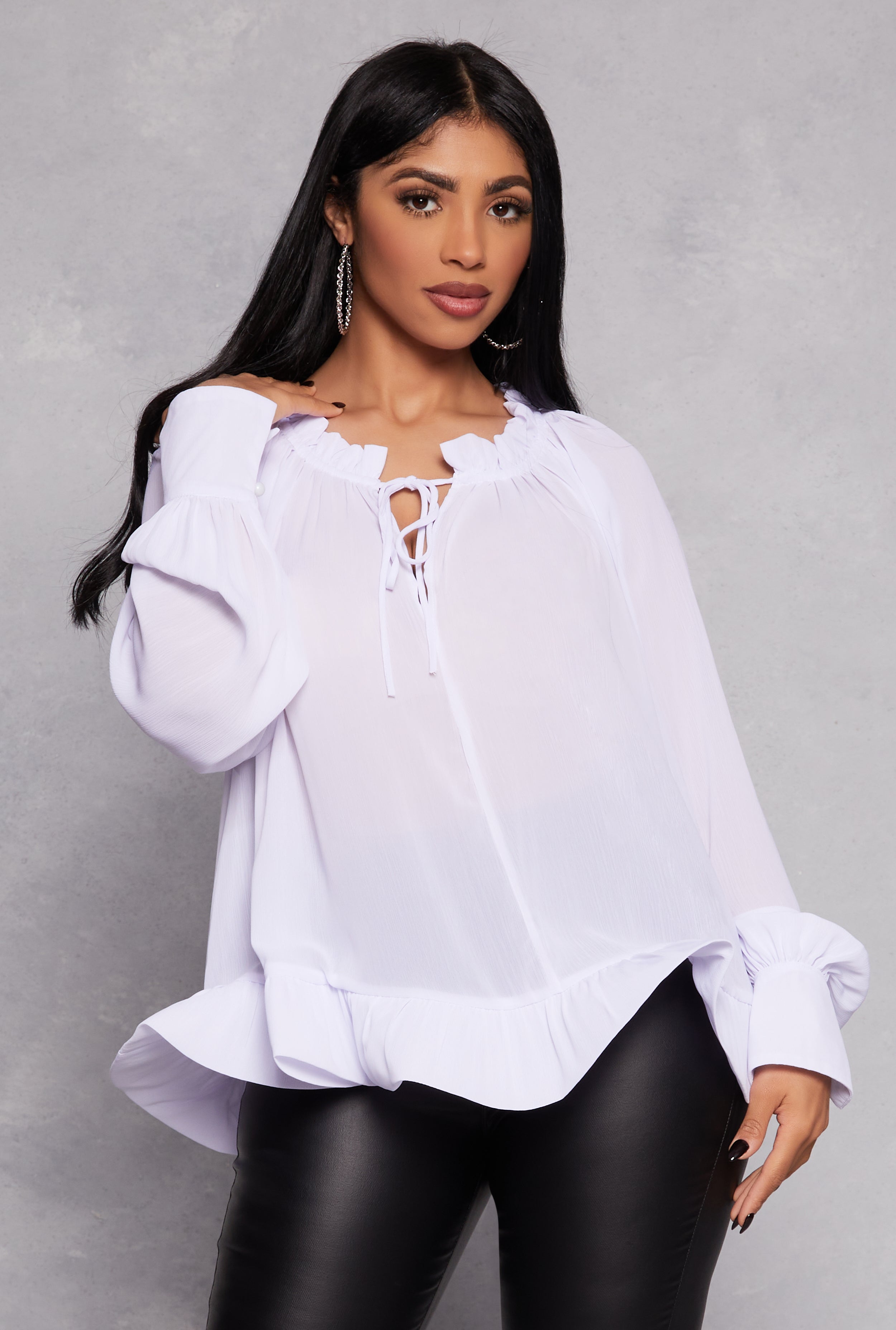 Rainbow Shops Chiffon Tie Keyhole Long Sleeve Blouse