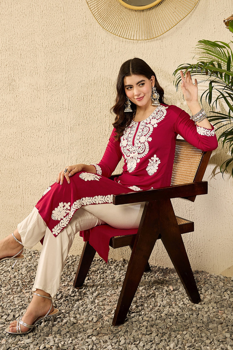 Ahika Red Viscose Rayon Solid Embroidered Straight Kurta VCK9782 - view 6