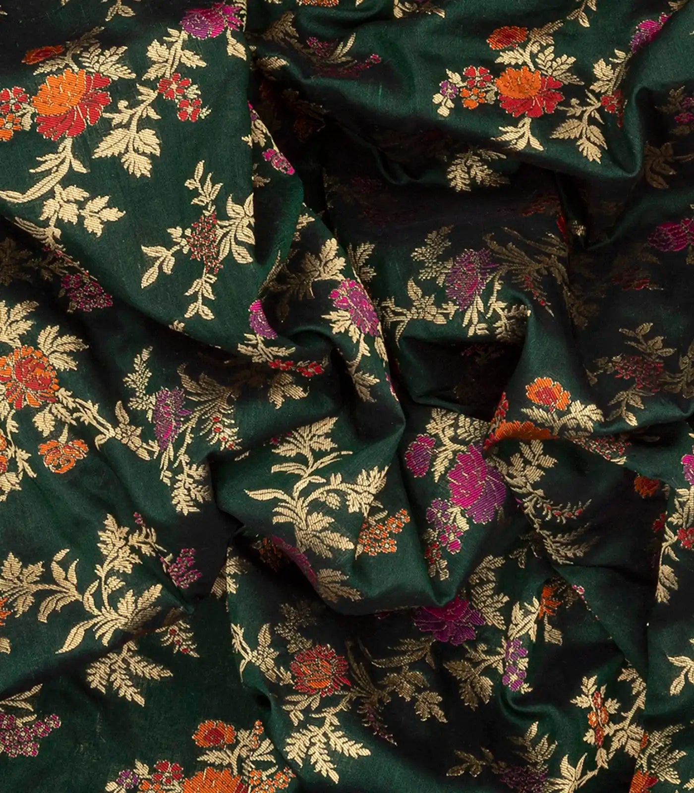 RmKV Bottle Green Handloom Banarasi Silk Saree With Meena Floral Motifs-Bottle Green - view 3