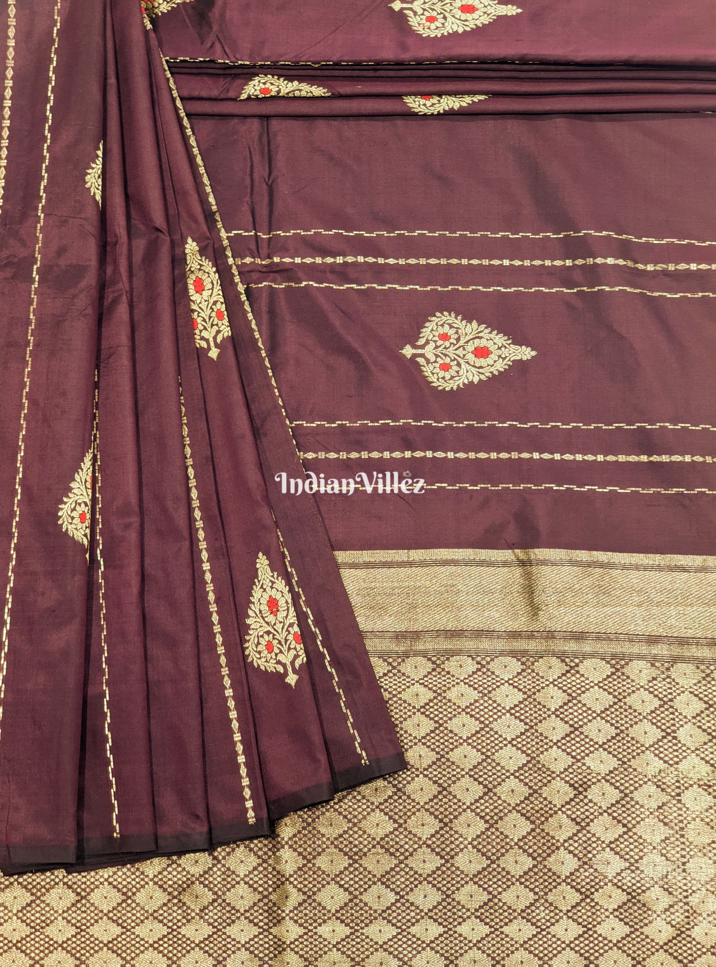 IndianVillèz Wine Banarasi Katan Saree with Golden Flower Motif