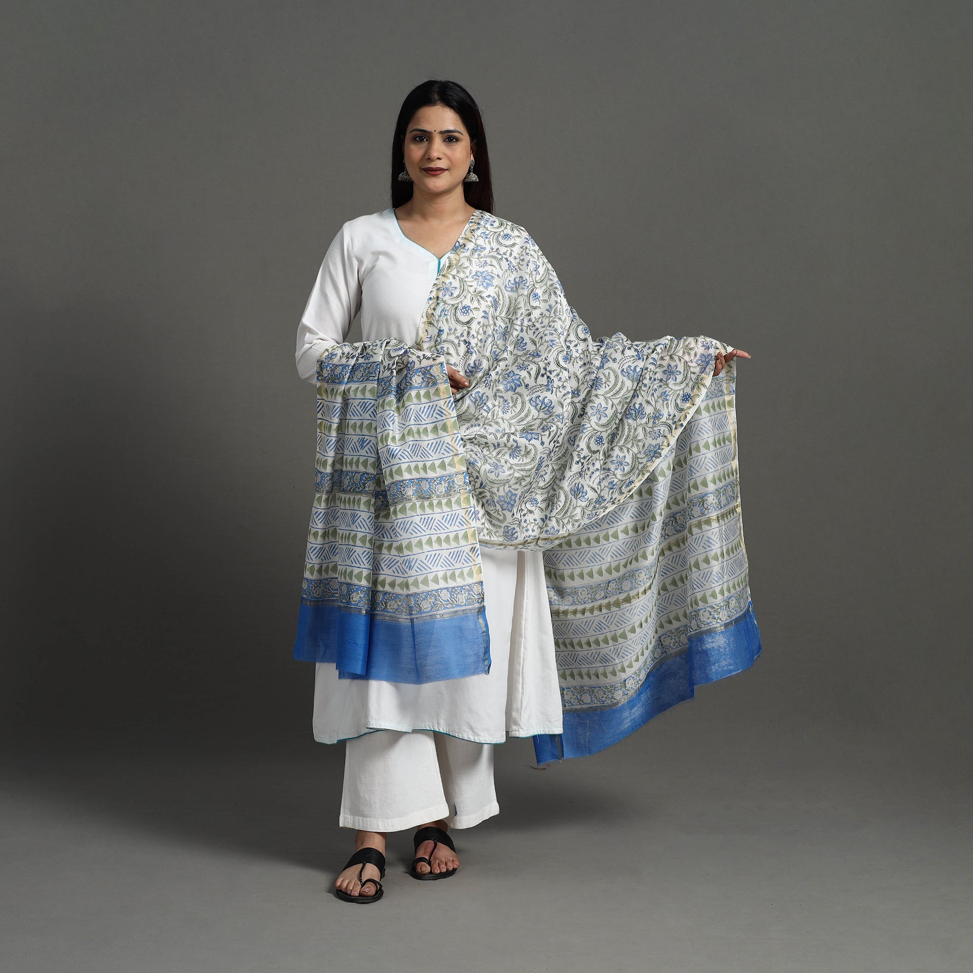 ARTISAN HAND BLOCK PRINTS Blue - Block Print Handloom Chanderi Silk Sanganeri Dupatta 12 - view 2