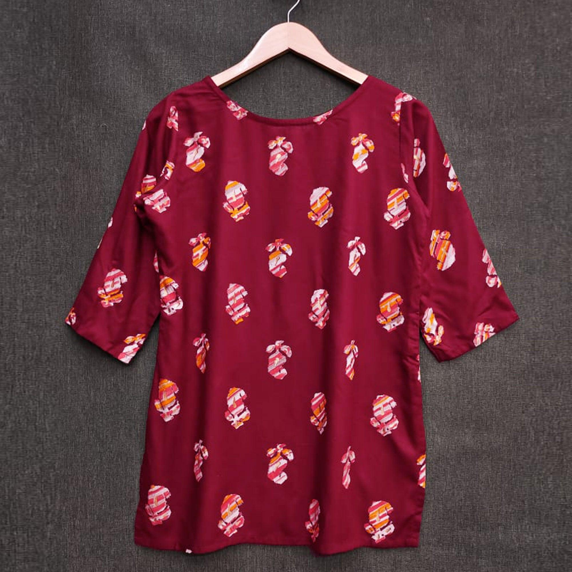 Peachmode Maroon Printed Rayon Top