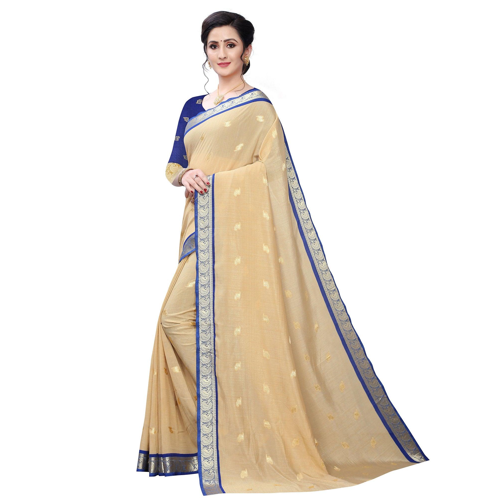 Peachmode Intricate Beige Colored Festive Wear Woven Vichitra Silk Saree - view 3