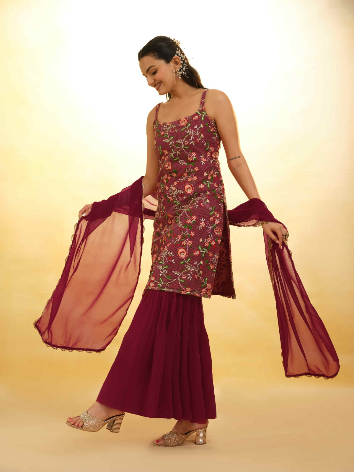 ClothsVilla Maroon Georgette Suit with Embroidery and Shantoon Bottom - view 3
