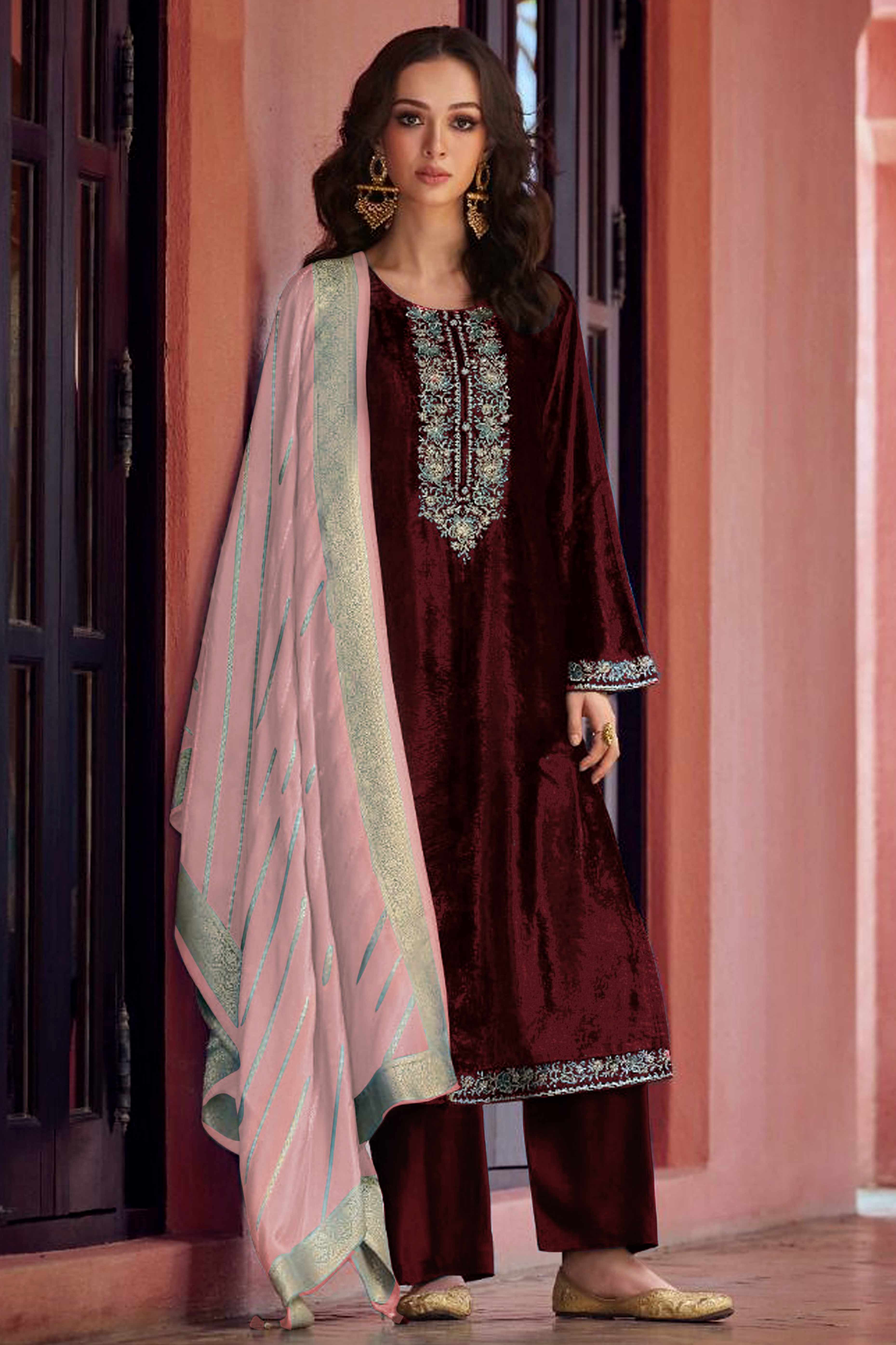 Peachmode Brown Embroidered Velvet Semi-Stitched Salwar Suit