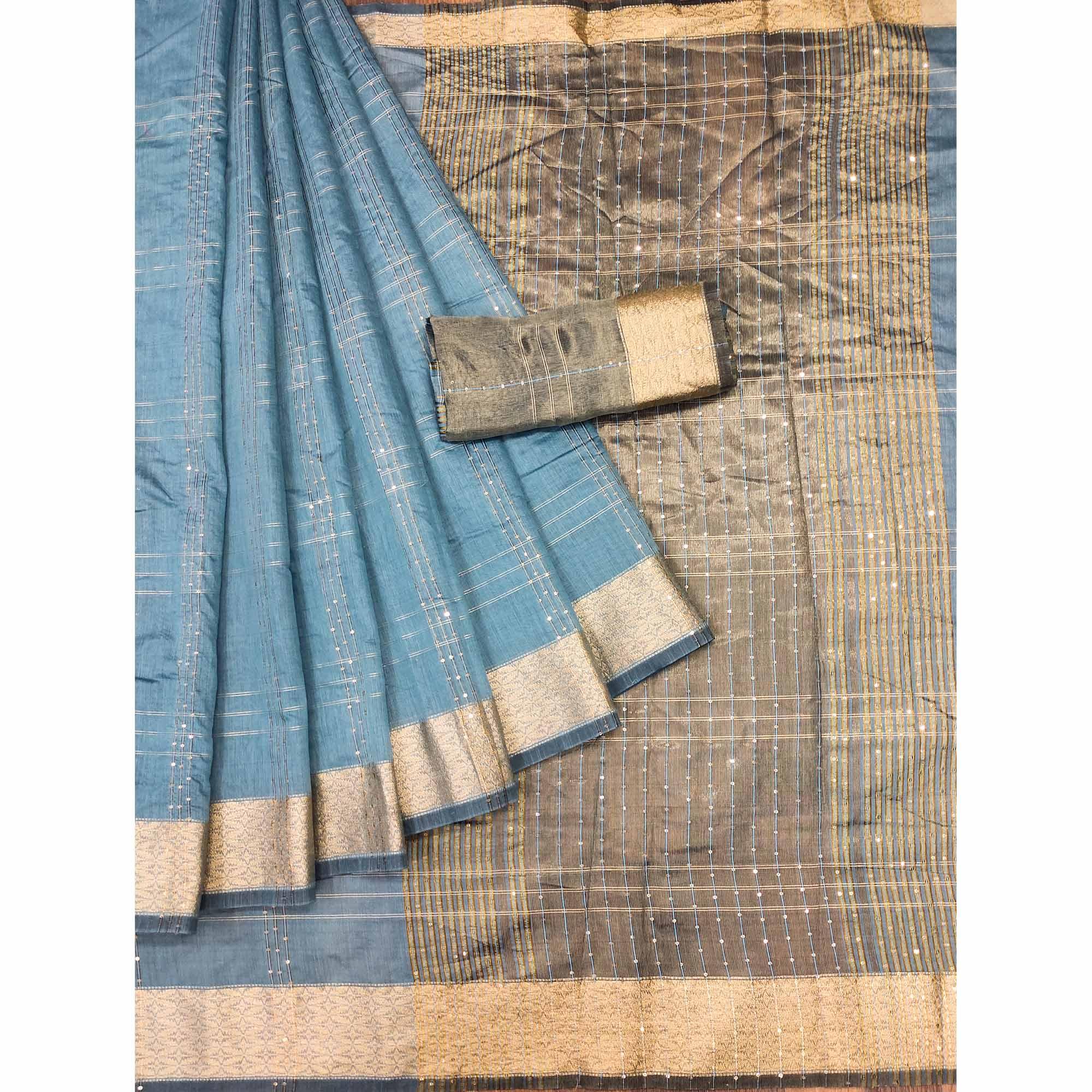 Peachmode Blue Woven-Sequins Work Chanderi Saree - view 3