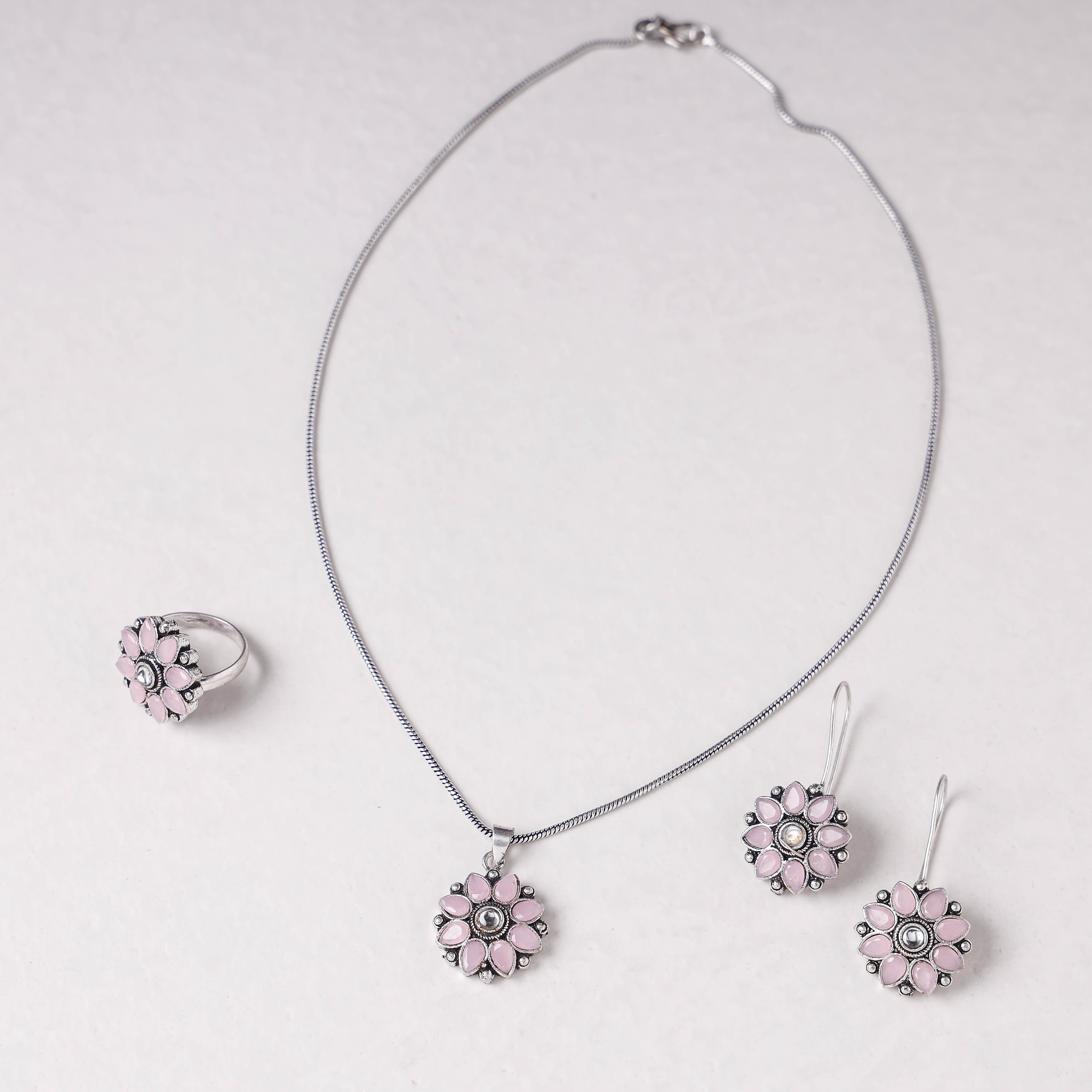 WHITE RIVER STORIES Antique Silver Finish Oxidised Brass Base Stone Work Necklace Set with Ring - view 2