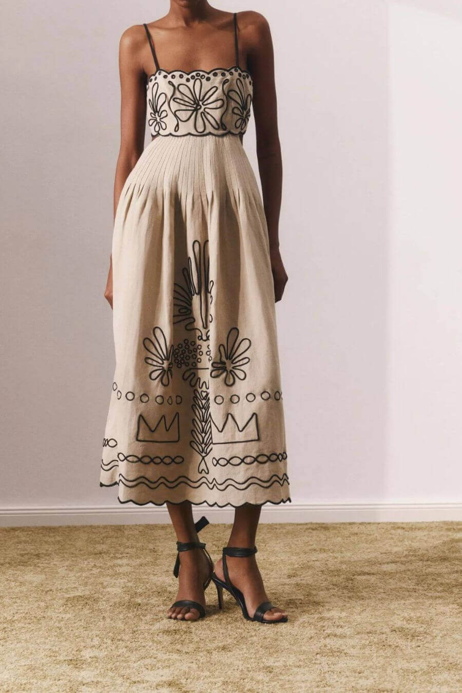 Alamode By Akanksha Jamie Embroidered Holiday Midi Dress in Beige - Luxe Collection