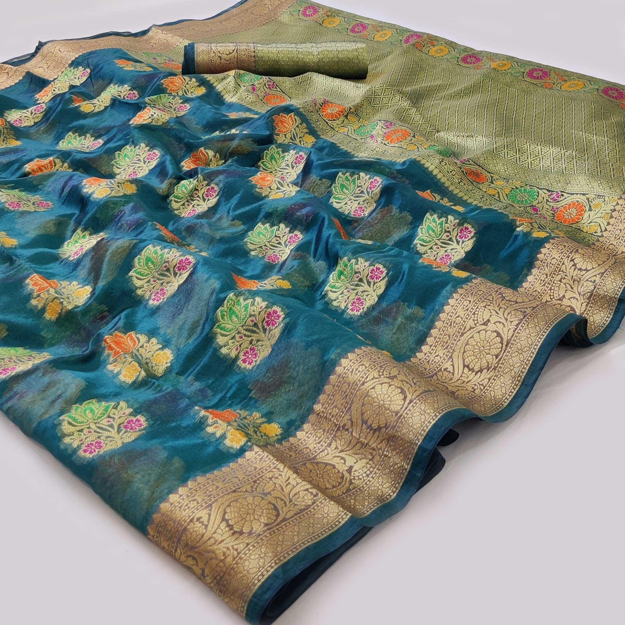Peachmode Blue Woven Organza Saree – Women's
