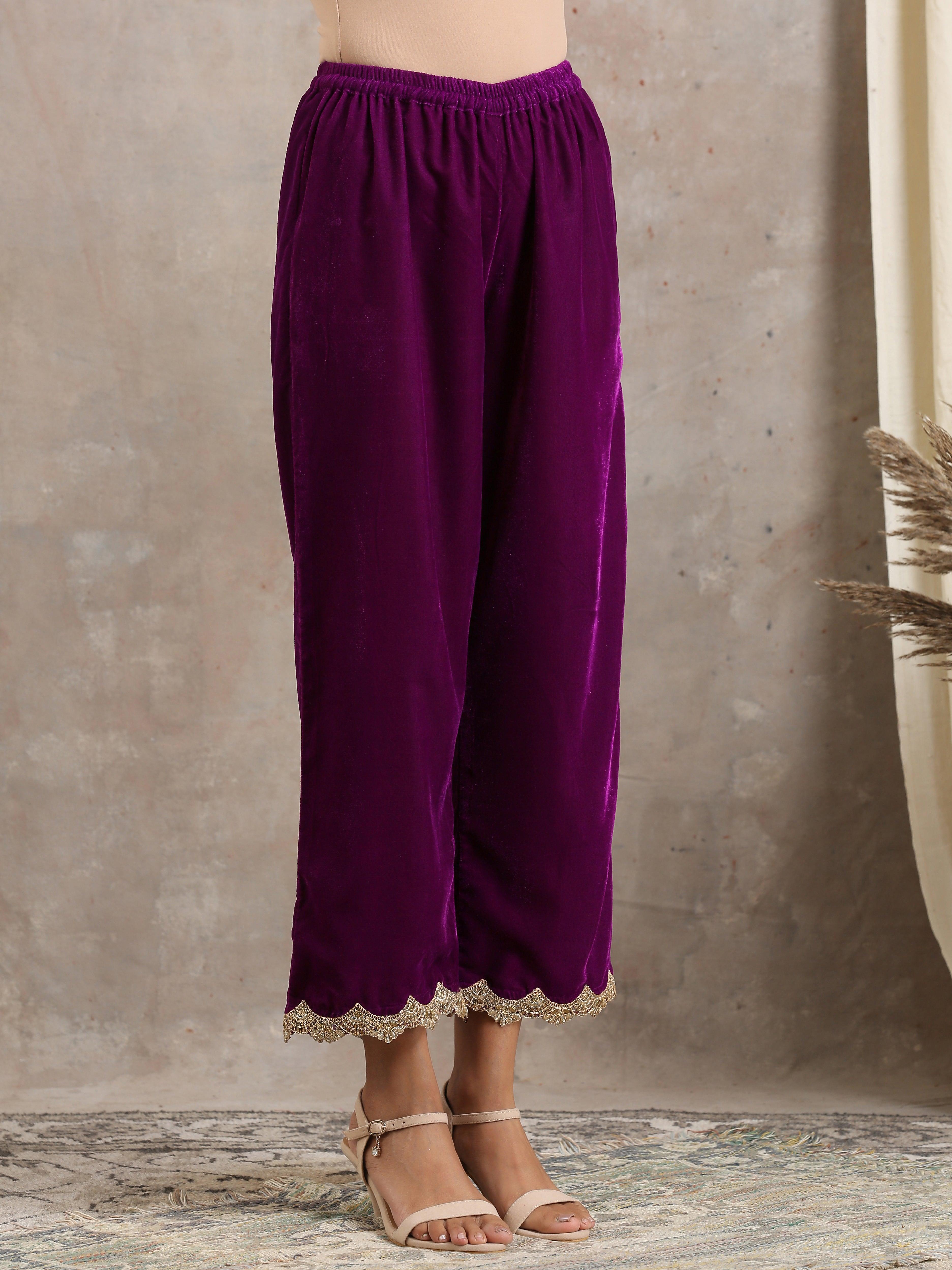 Wine Velvet Lace Kurta Pant Set | Relove - view 10