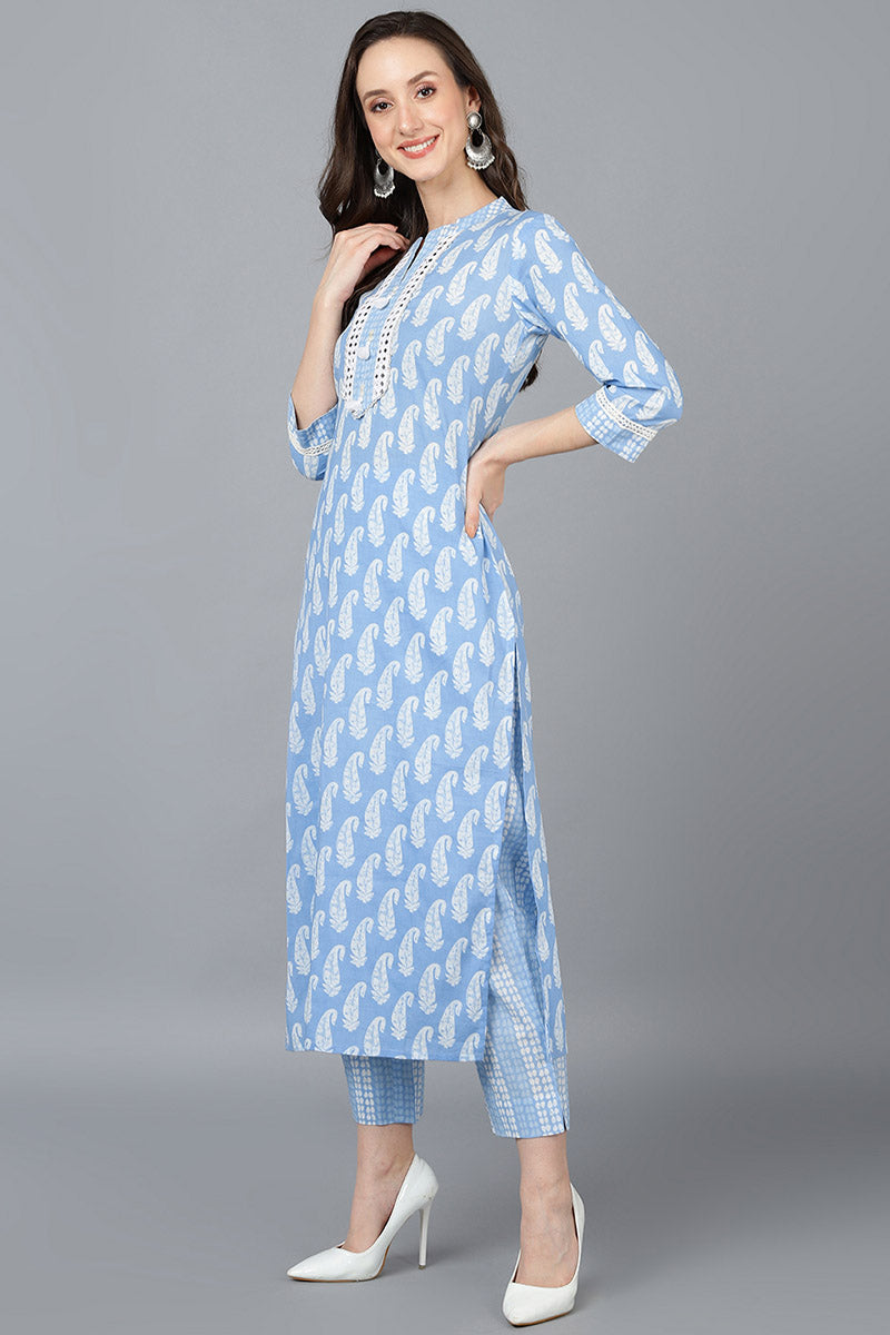 Ahika Blue Cotton Straight Kurta Pant With Dupatta VKSKD1628 - view 9