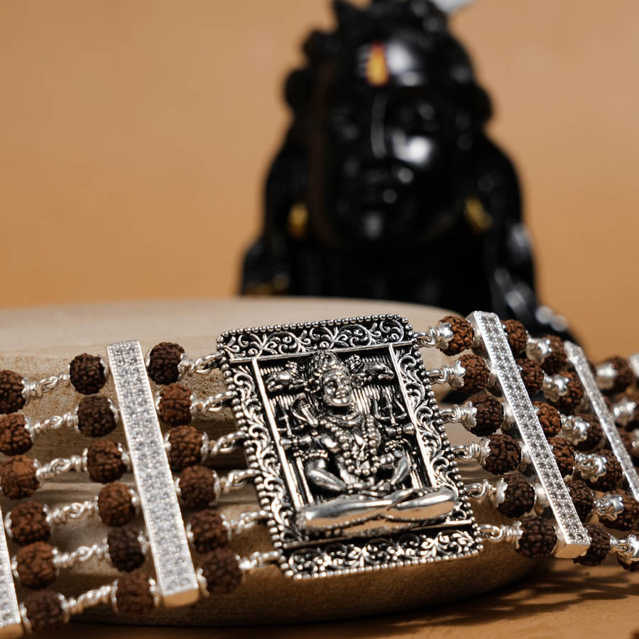 Prinjal Jewellers Rudraksha Silver Shiva Brooch Six Lines Bracelet