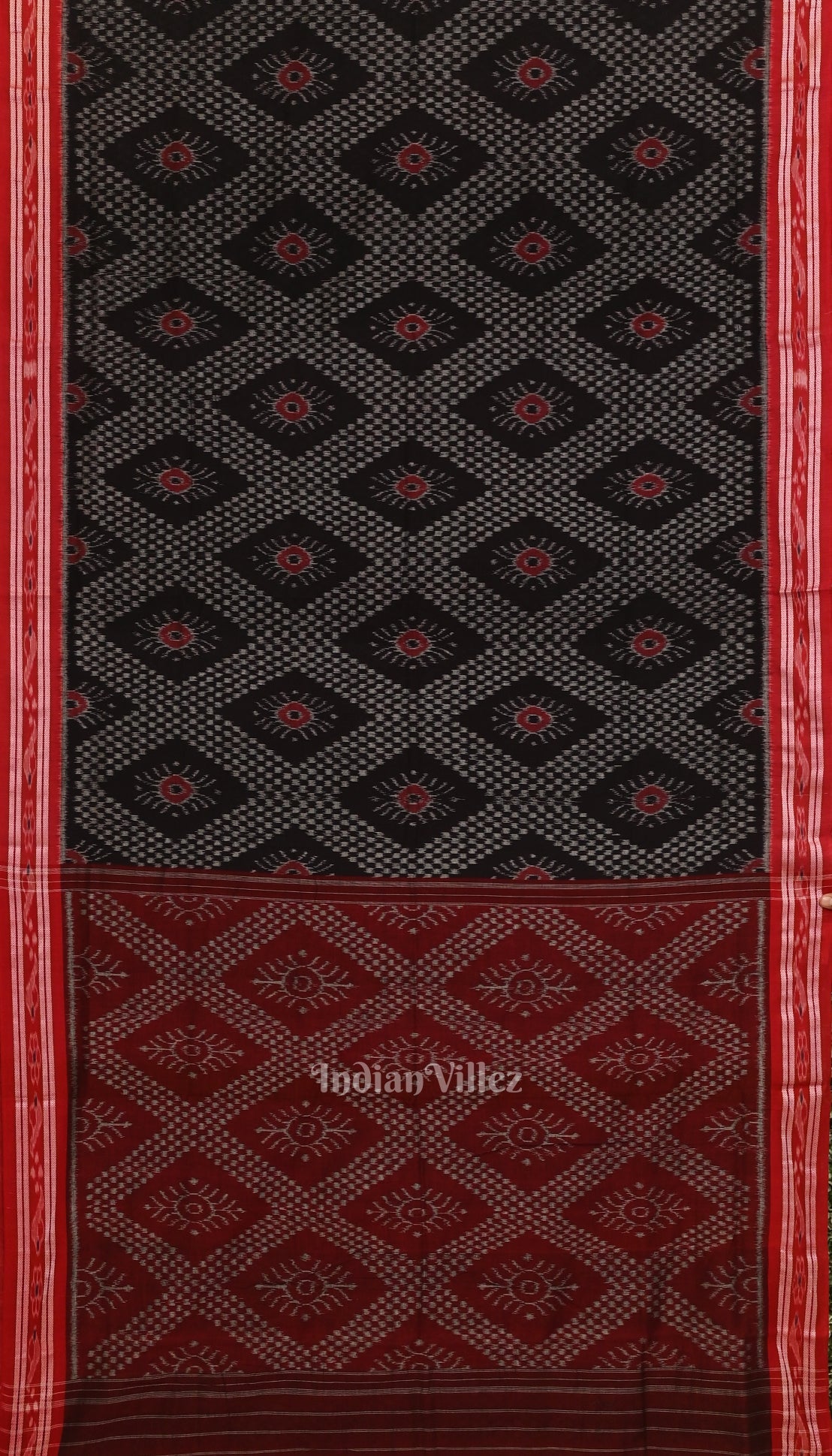 IndianVillèz Black with Red Floral Theme Odisha Sambalpuri Pure Cotton Saree