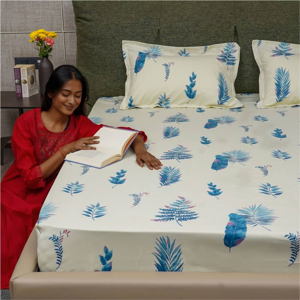 Urban Space -Home Furnishing Store Serene Collection - Breathable 200 TC 100% Pure Cotton Single Bedsheet with Pillow Cover, Fall Leaves - Milk White