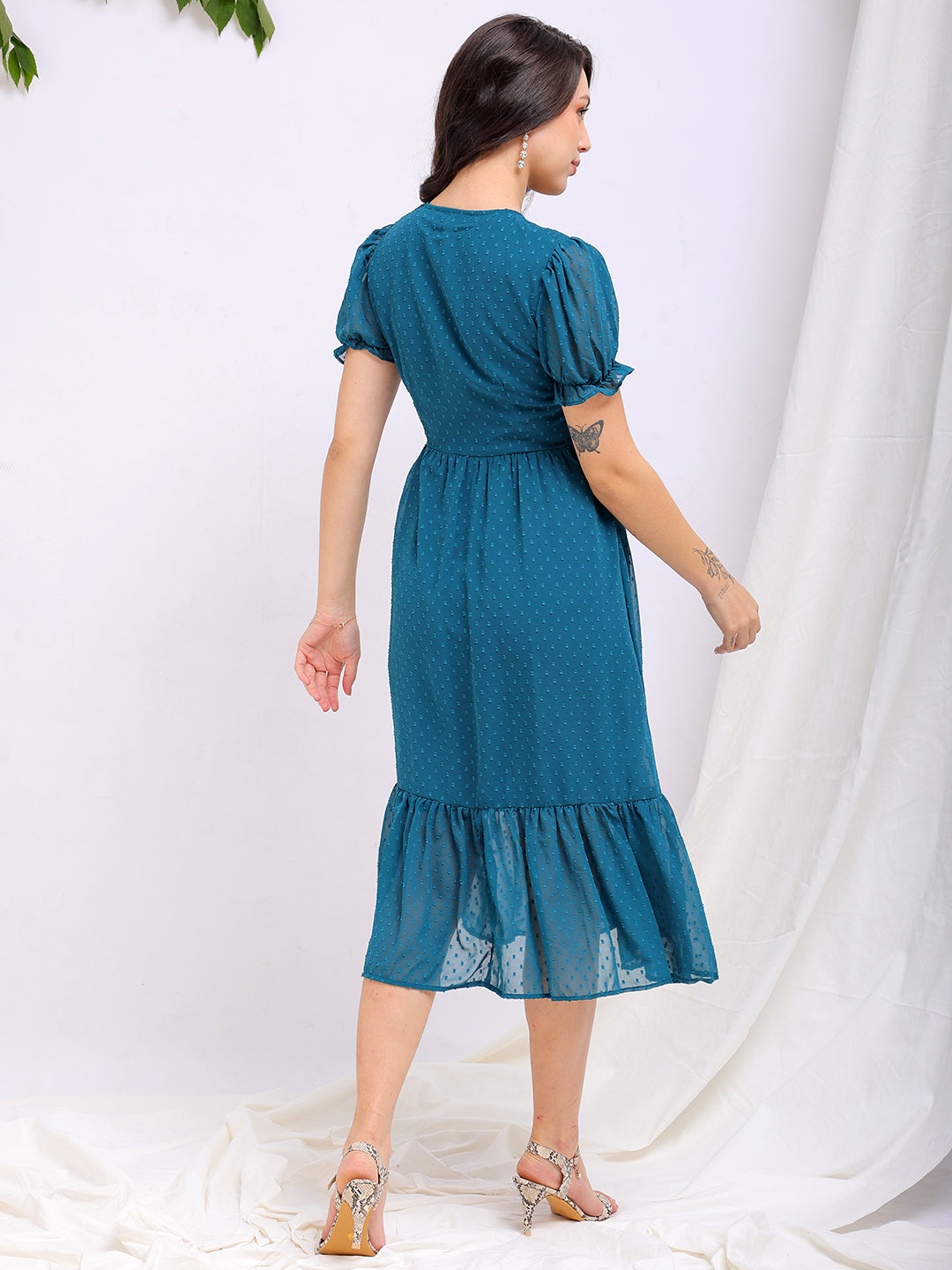 Freehand by The Indian Garage Co Women's Teal Fit and Flare Textured V neck Tiered Dress - view 7