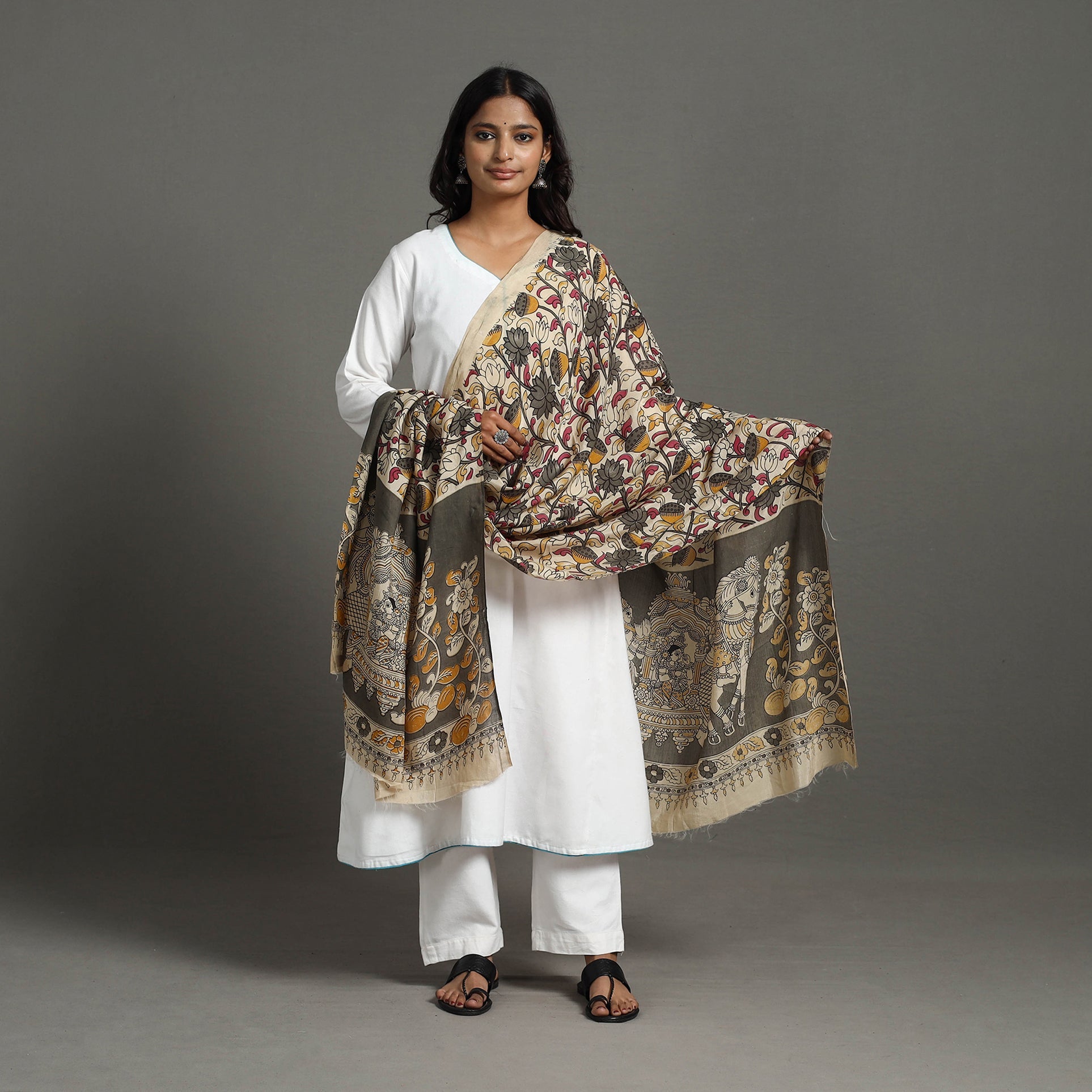 SOUTH KARGHA Beige - Printed Silk Cotton Kalamkari Dupatta 29