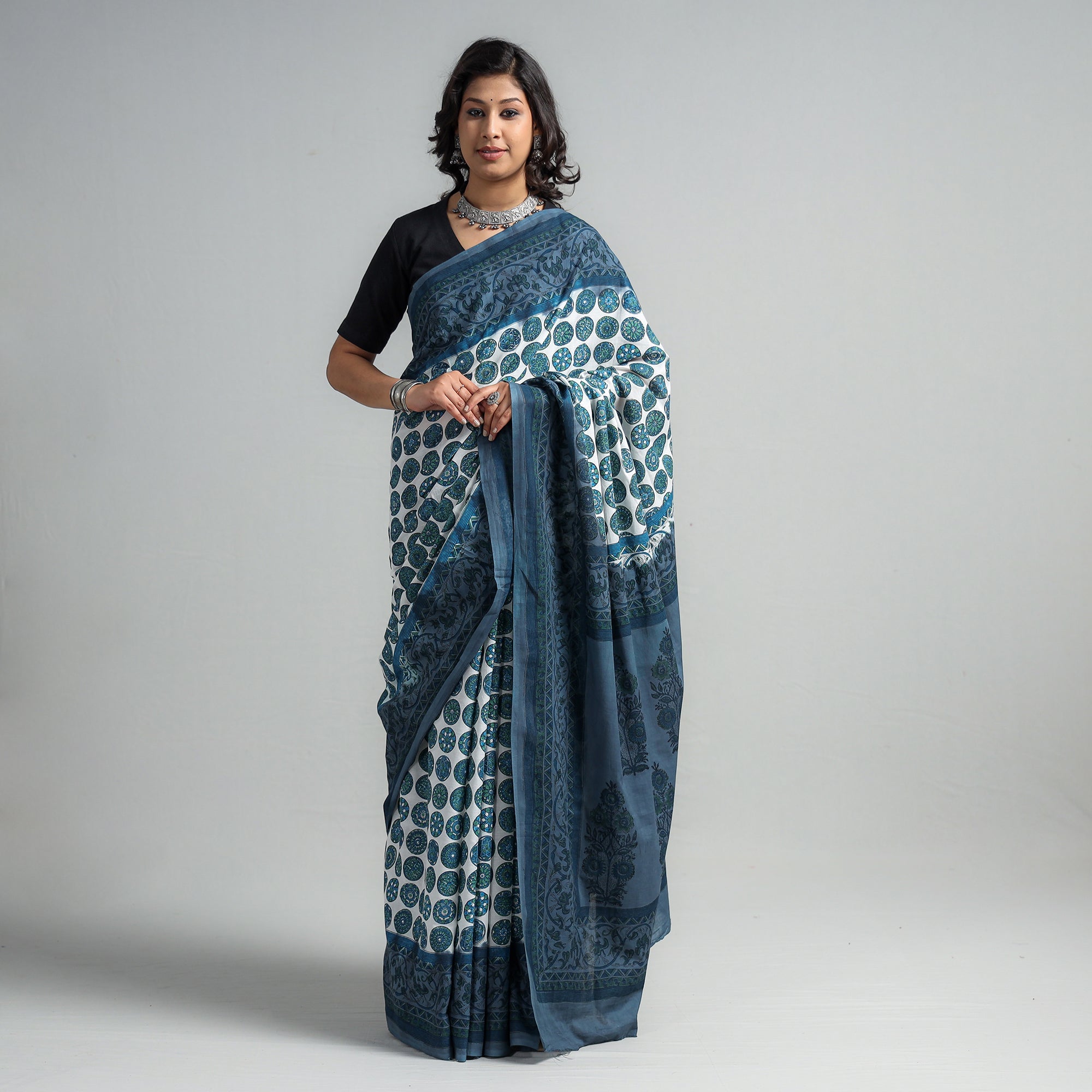 SANTOSH KUMAR DHANOPIA Blue - Block Printed Mul Cotton Sanganeri Saree