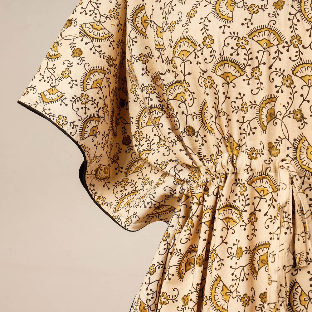CHUTNEY CRAFT STUDIO Beige - Block Print Cotton Kalamkari Kaftan with Tie-Up Waist (Medium) - view 2