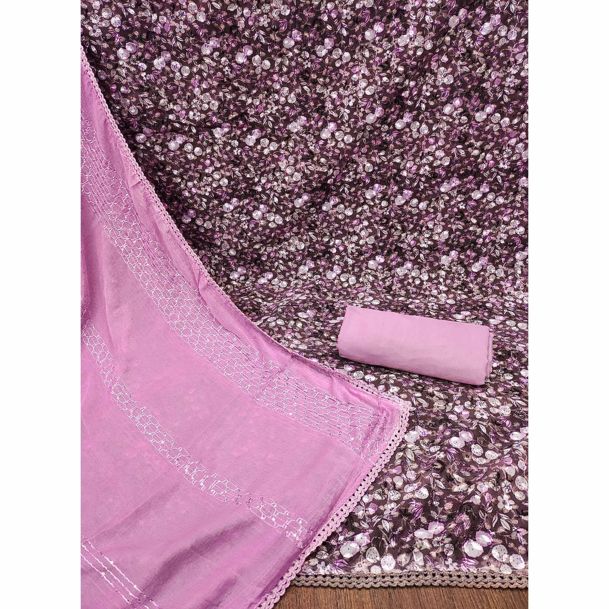 Peachmode Dark Wine Printed With Embroidered Georgette Dress Material - view 3