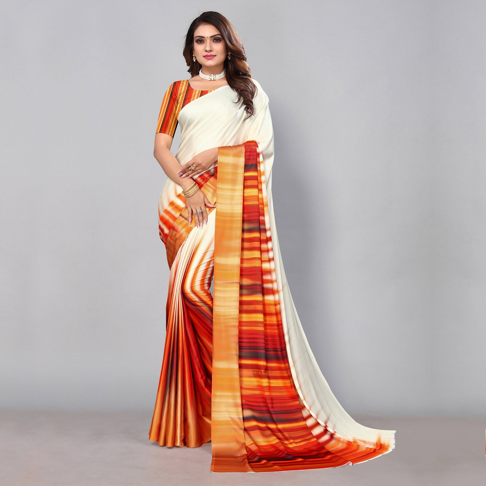 Peachmode Cream Digital Printed Satin Saree – Women's