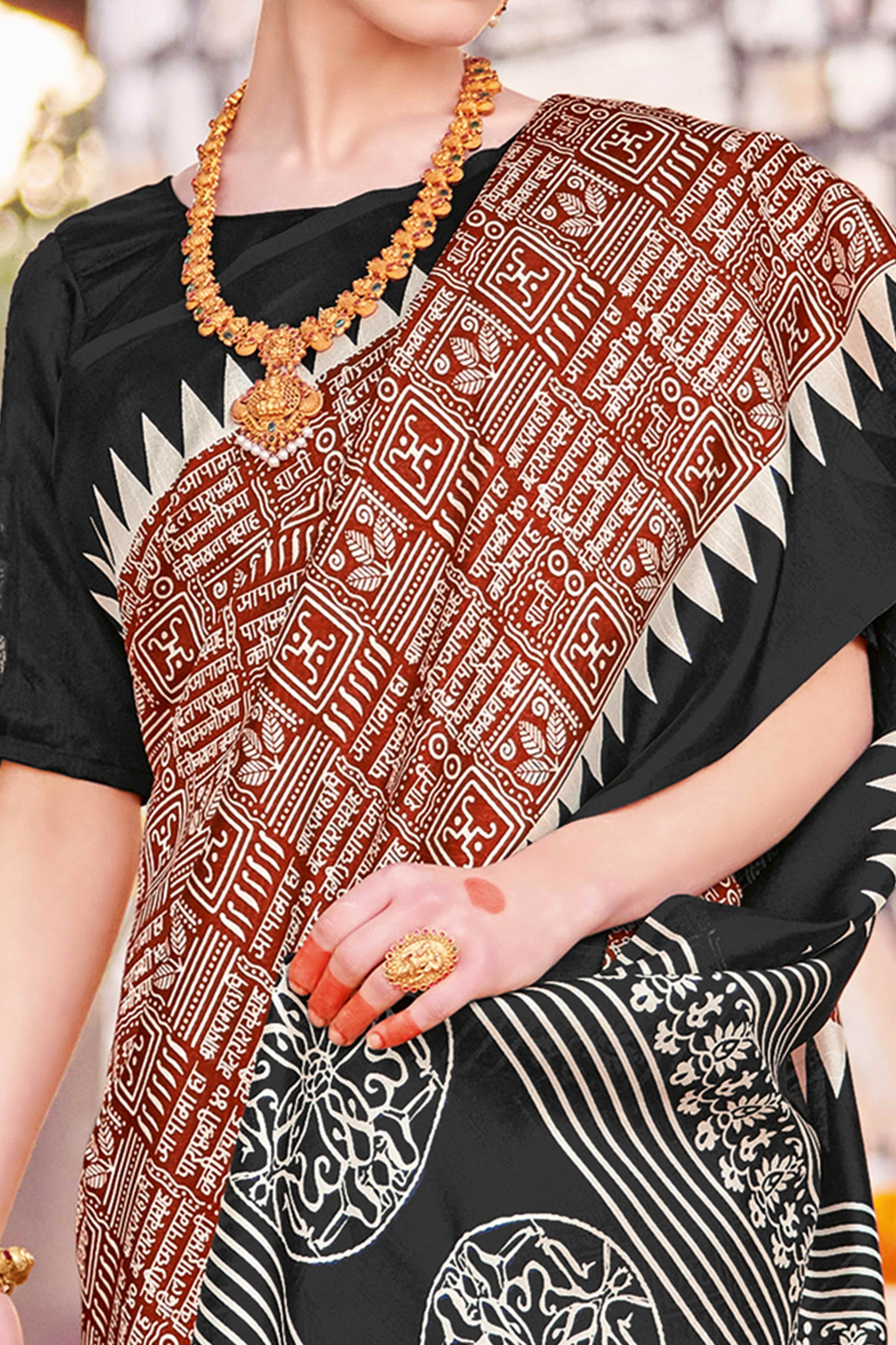 Peachmode Dark Rust & Black Printed Bhagalpuri Silk Saree - view 2