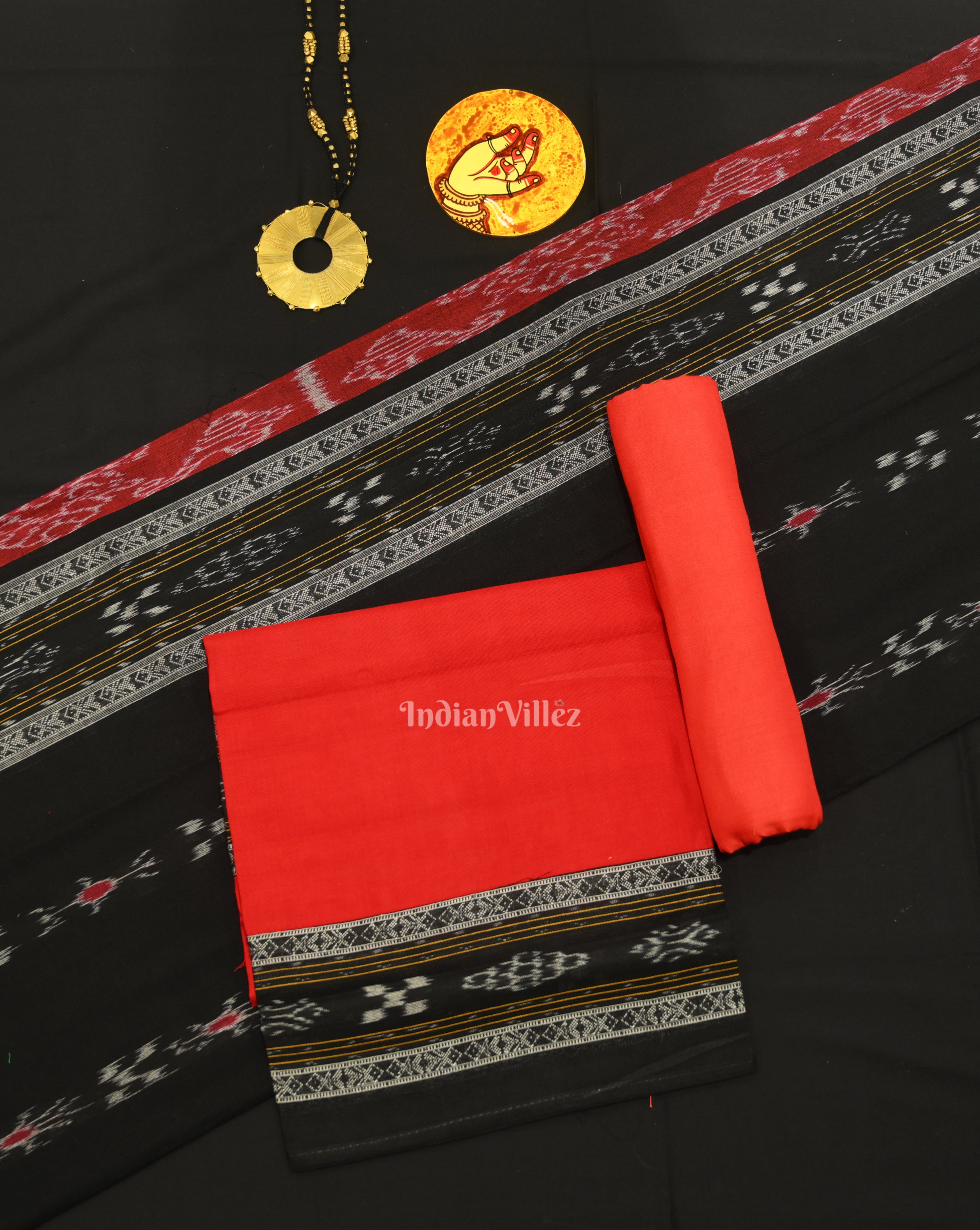 IndianVillèz Black Red Pasapali Sambalpuri Cotton Dress set with Dupatta