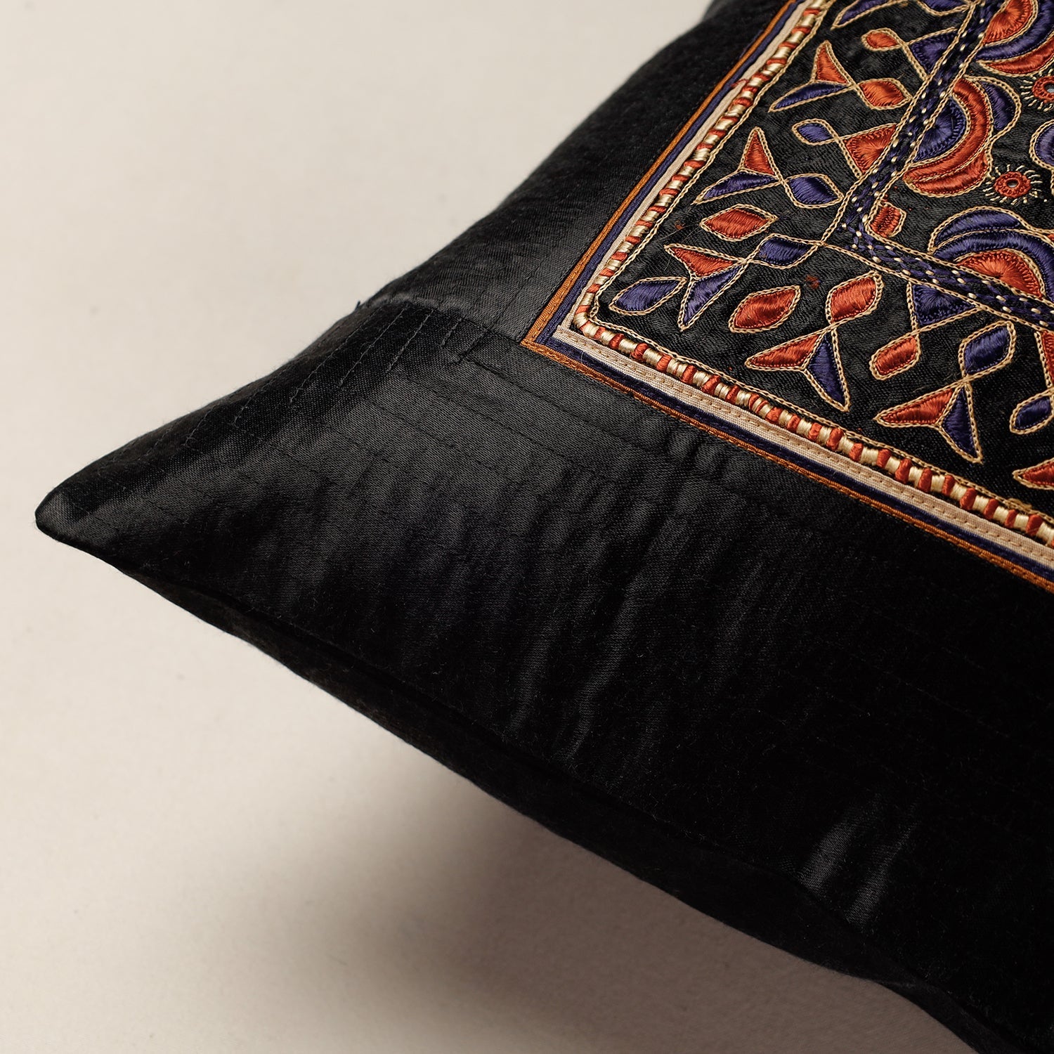 QASAB Black - Kutch Pakko Hand Embroidery Mashru Silk Cushion Cover (16 x 16 in) - view 2