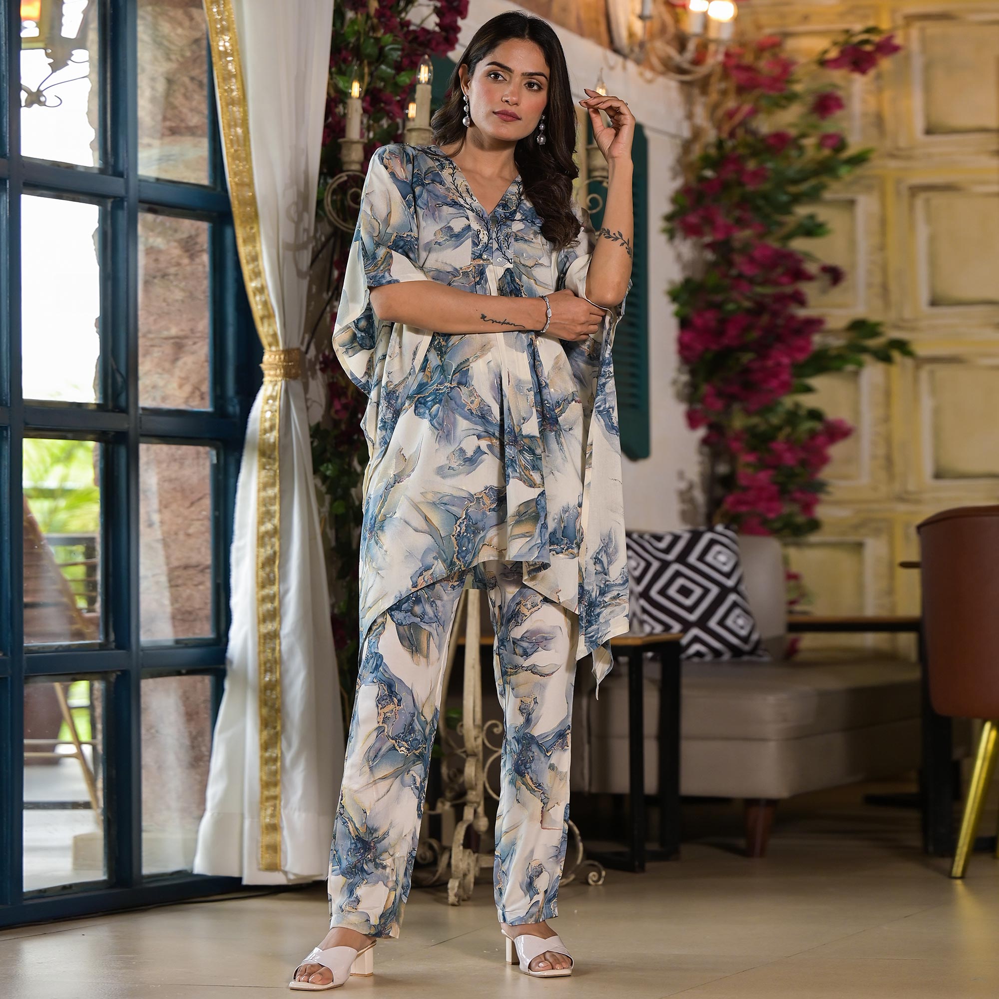 BlackTree grey-foil-printed-rayon-kaftan-co-ord-set - view 2