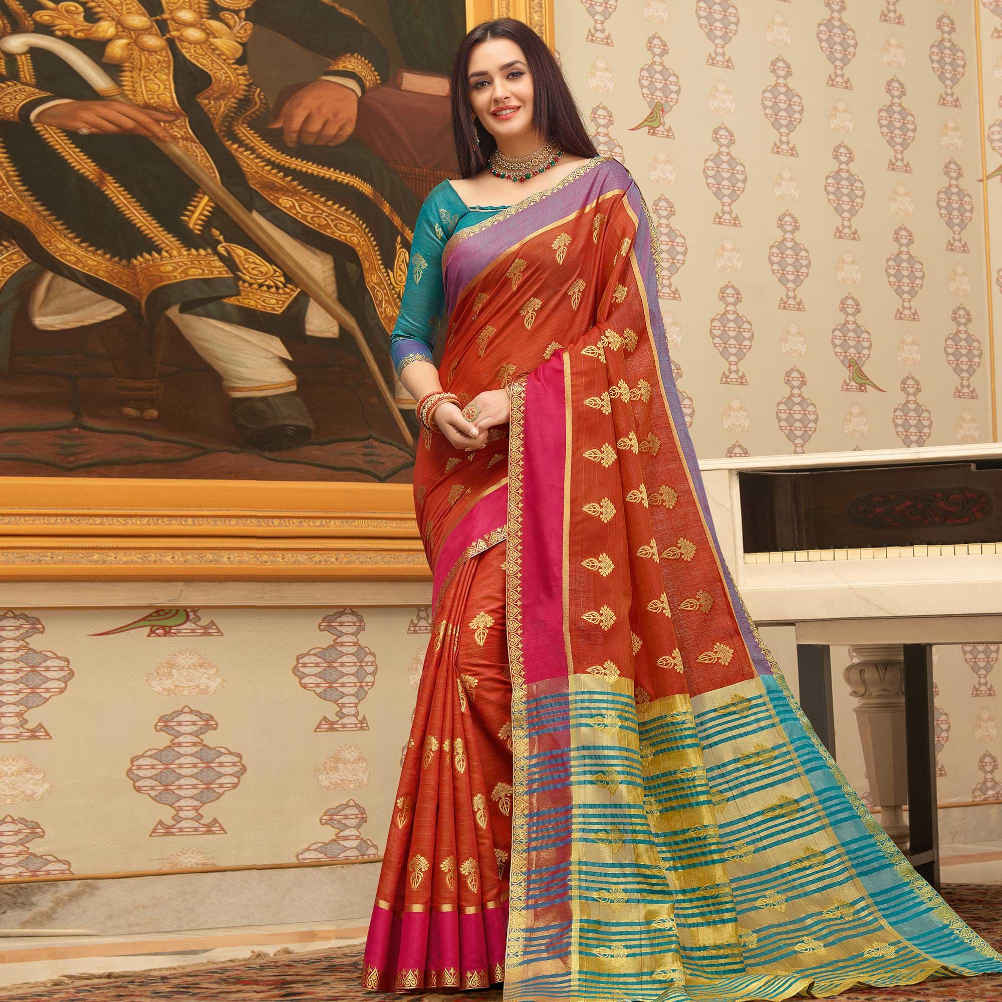Peachmode Flamboyant Rust Orange Colored Festive Wear Woven Cotton Handloom Saree