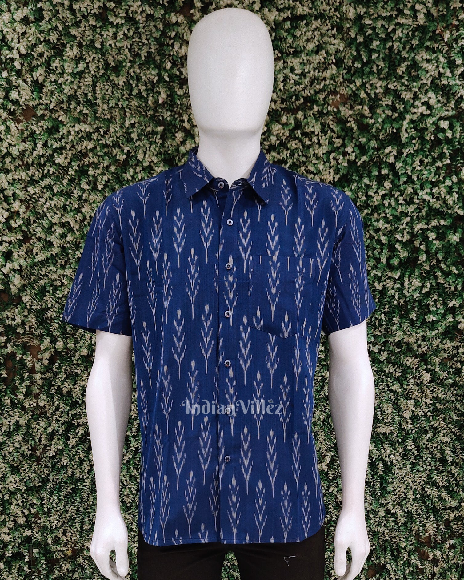 IndianVillèz Royal Blue Pochampally Ikat Cotton Half Sleeve Shirt for Men