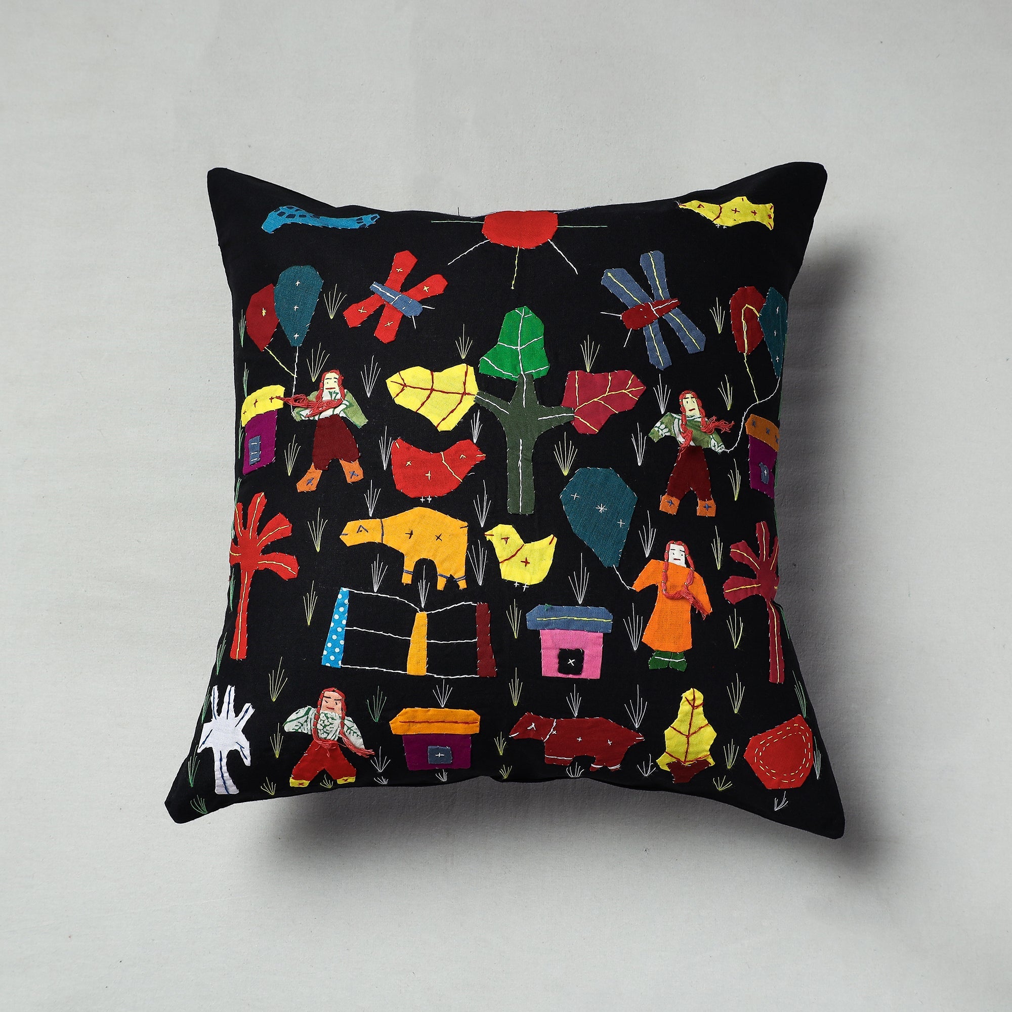 ASHOKA ASSEMBLE - CELEBRATING CRAFTS OF ODISHA Black - Pipli Applique Work Cotton Cushion Cover (16 x 16 in)
