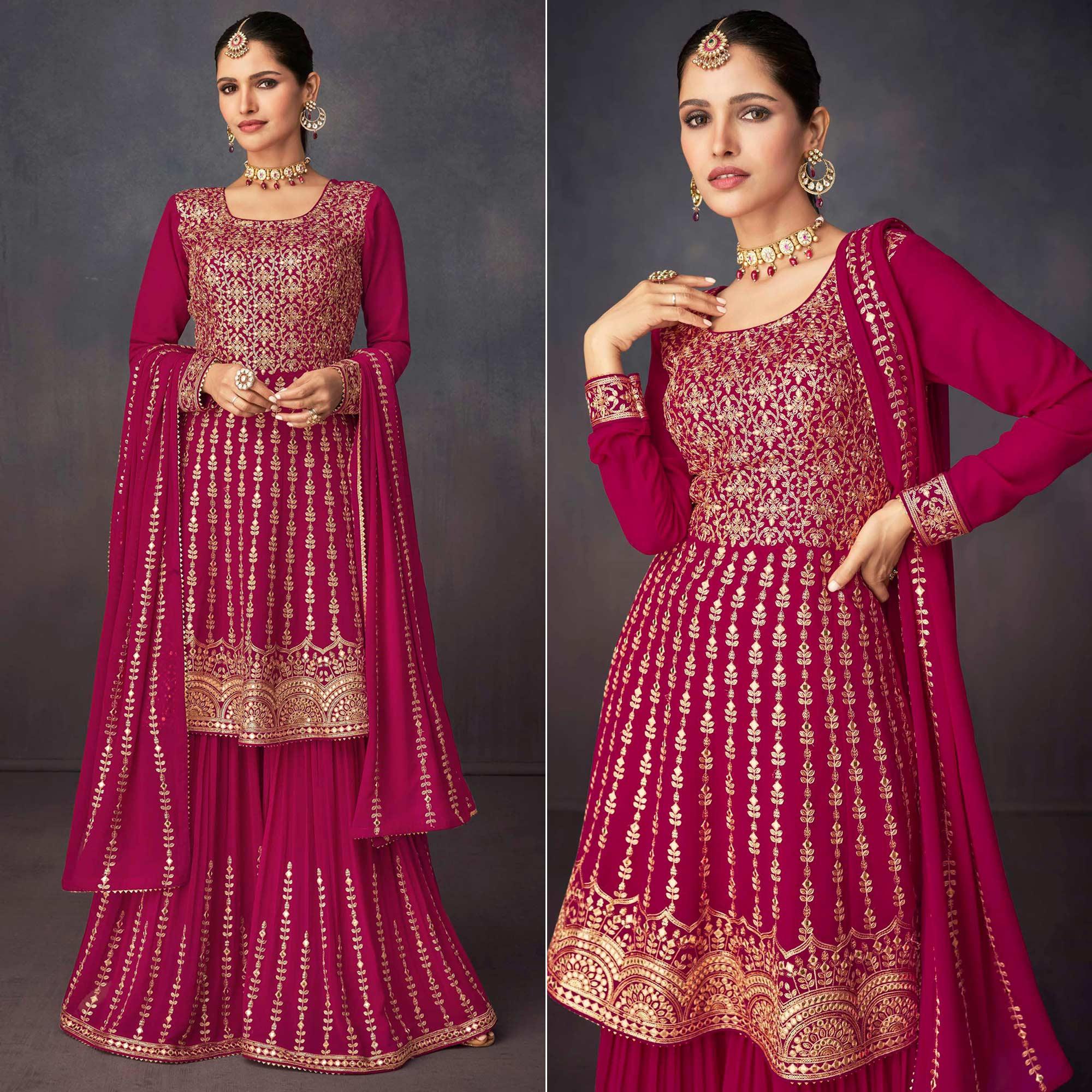 Peachmode Seller Dark Pink Embroidered Georgette Sharara Suit