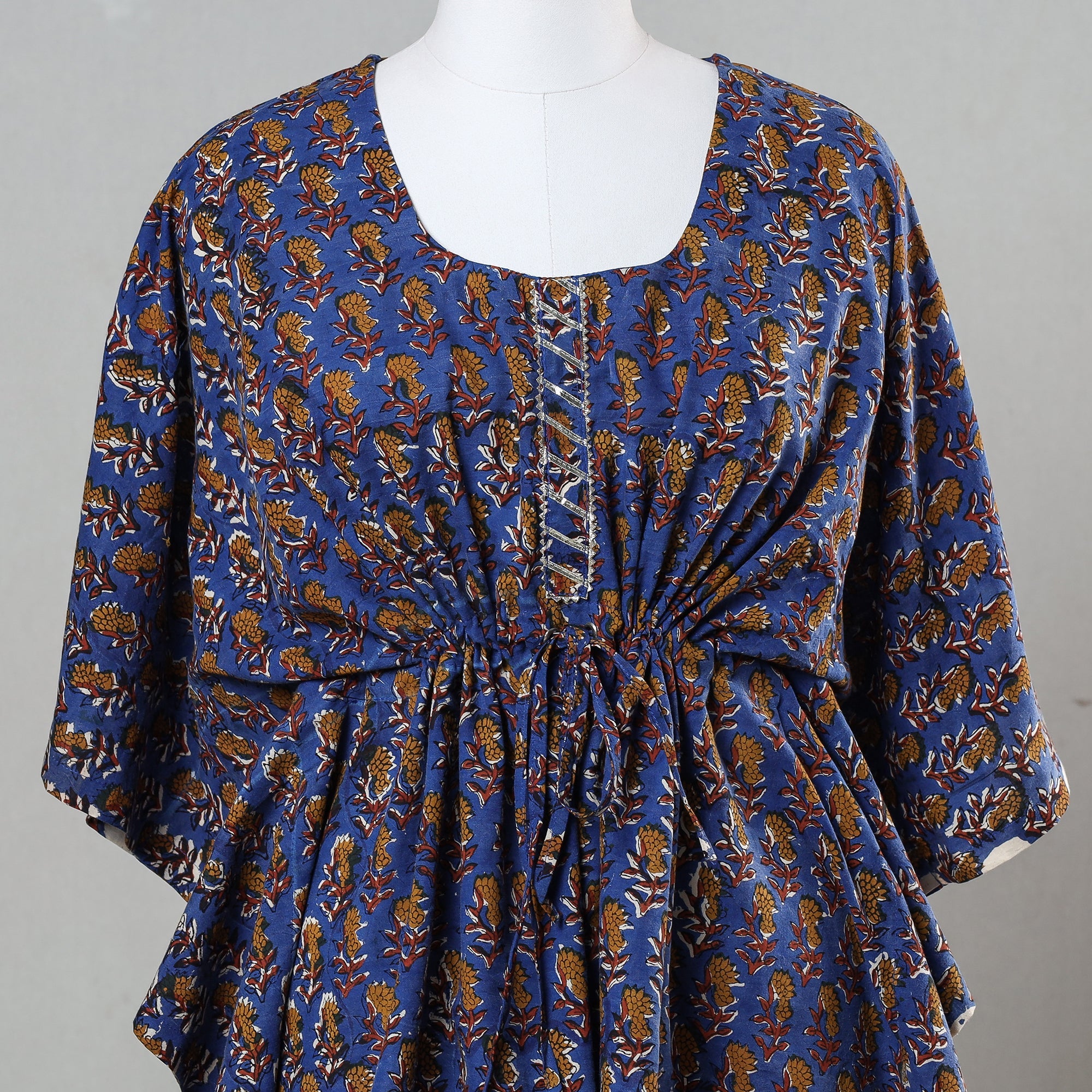 ITOKRI CASUALS Blue - Bagru Block Printed Cotton Kaftan with Tie-Up Waist (Short) - view 2