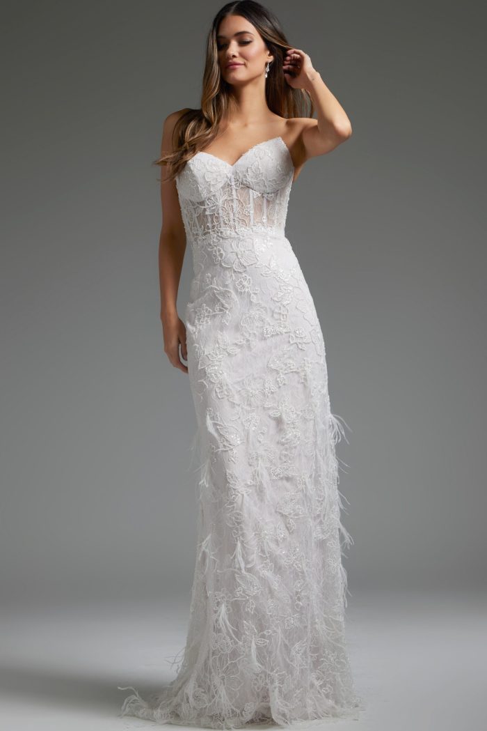 Jovani JB40590 Lace Bridal Gown Long Beaded Fit Wedding Dress