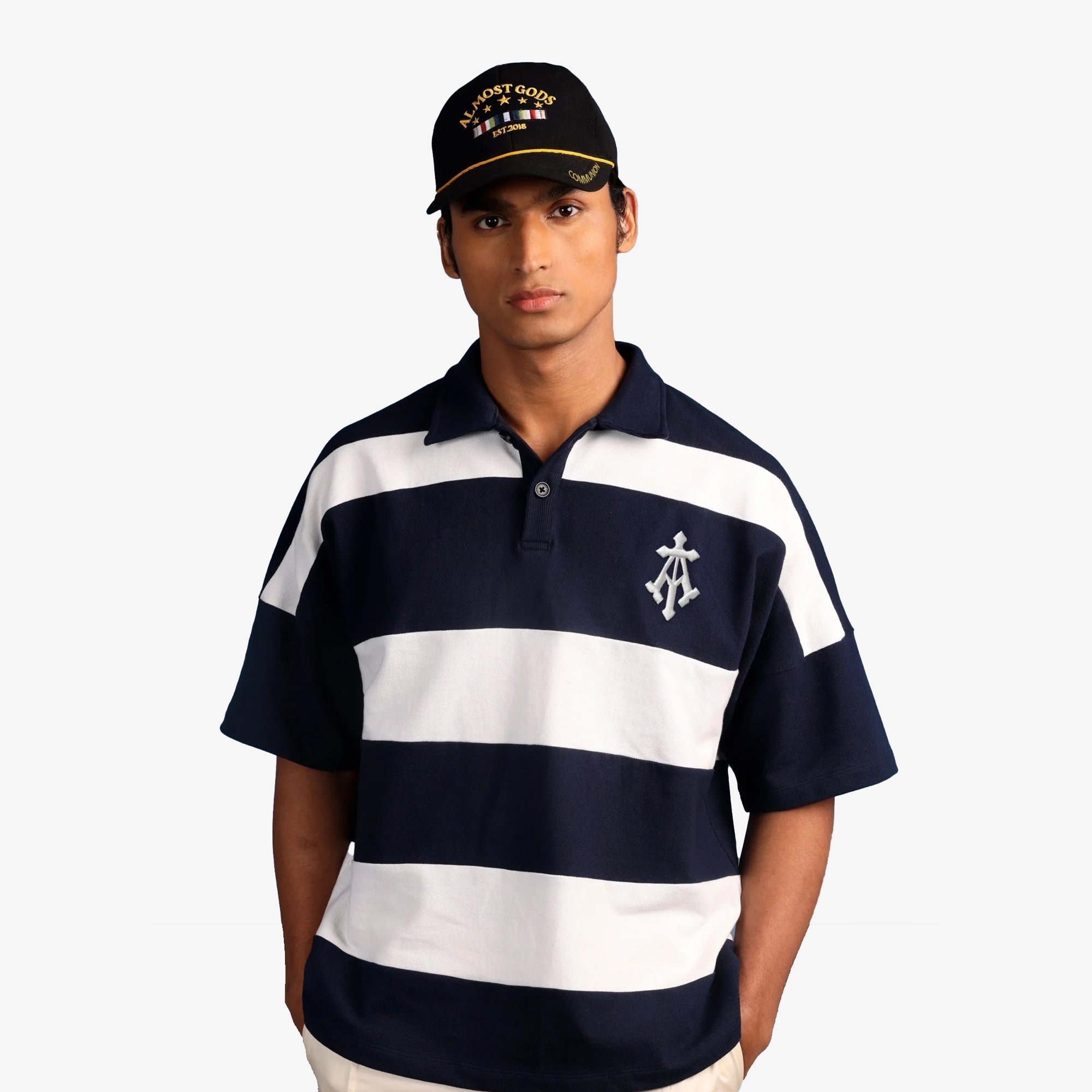 Almost Gods | Alpha Cross Woven Striped Polo { Navy/white