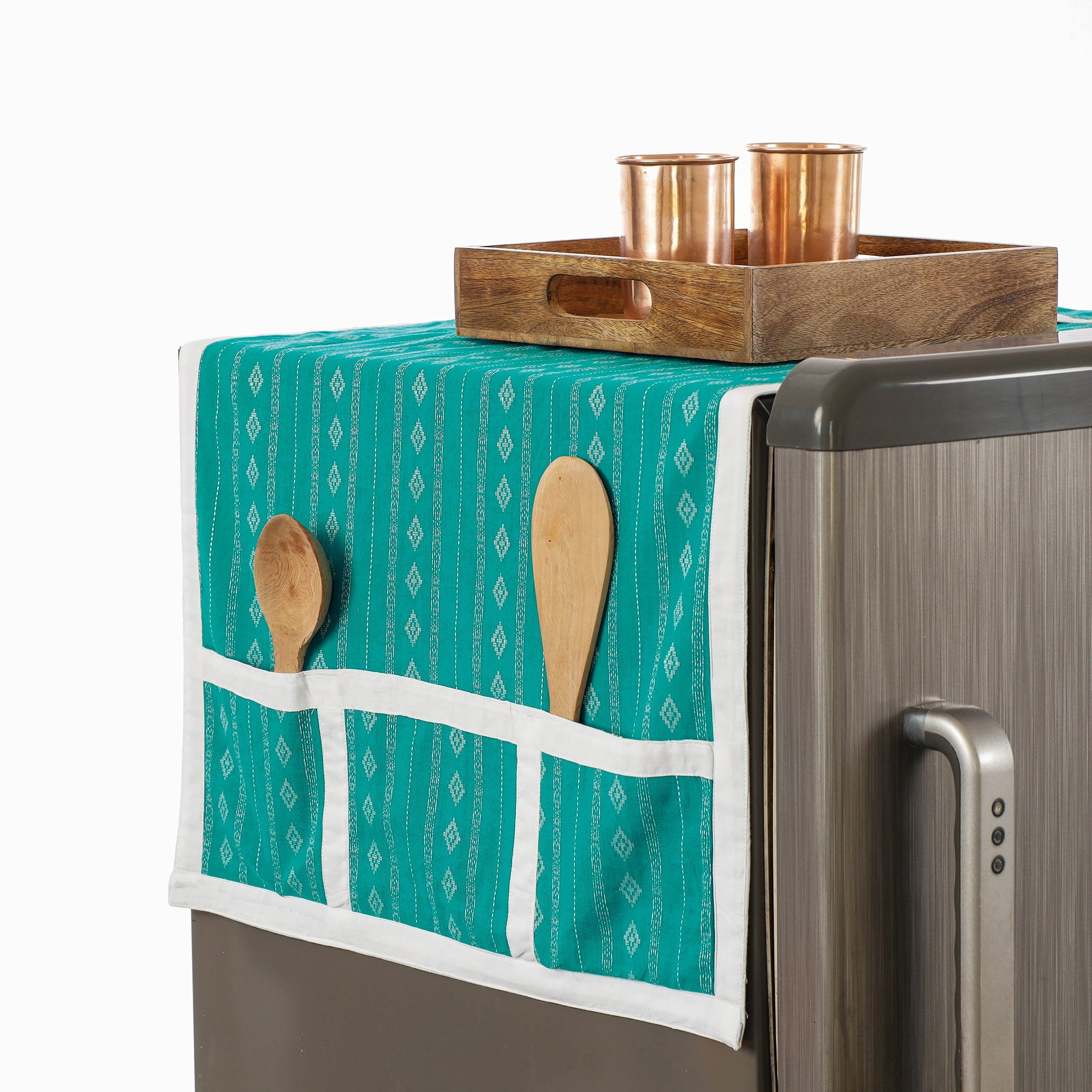 JALPARI Blue - Jacquard Cotton Fridge Top Cover with Multiple Pockets