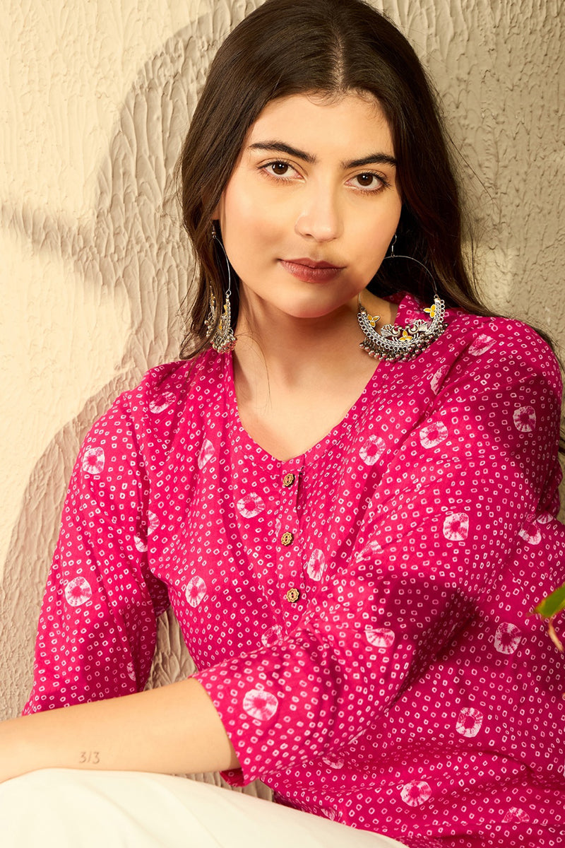 Ahika Pink Cotton Blend Bandhani Printed Regular Tunic VT1289
